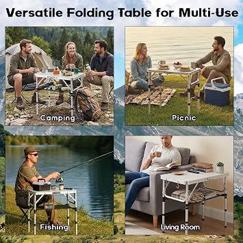 Folding Camping Table, Aluminum 24 x 16 Adjustable Height Small Folding Table with Carrying Handle, Lightweight, Portable Camping Table Waterproof for Outdoor Indoor Picnic Beach BBQ, Silver