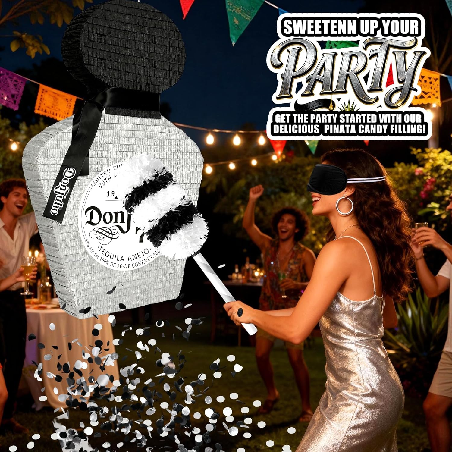 25" Tequila Bottle Piñata with Bat Stick, Eye Mask, Rope - Perfect for Party Decorations, Photo Prop, Birthday, Funny Anniversary, 21 birthday - Fits candy/favors