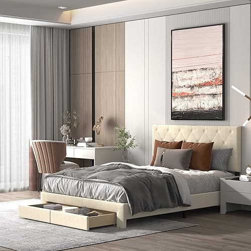 NSdirect Base de cama tamaño Queen con cajón de almacenamiento, base de cama tapizada de terciopelo con 2 cajones de almacenamiento y estación de
