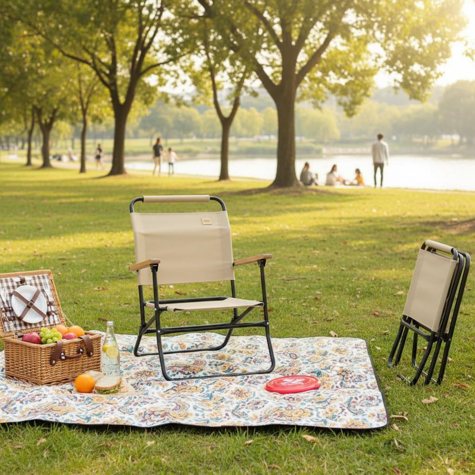 MERIGLARE Campingstuhl Faltbarer Stuhl Klappstuhl Tragbarer Sitz mit Rückenlehne Und Armlehnen aus Metallrahmen für Camping Picknick Garten Reisen Terrasse Festival Geeignet, Khaki
