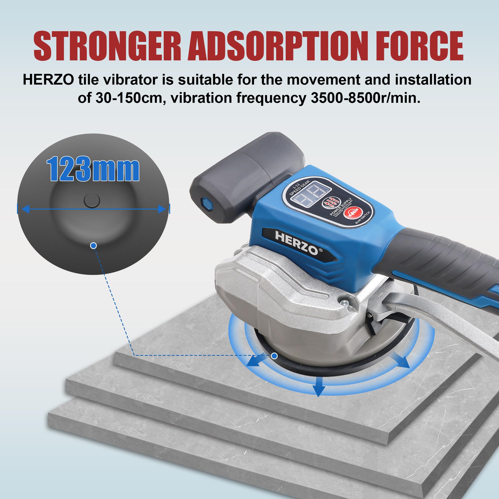 HERZO Kabellose Fliesen Vibrations Nivelliermaschine, Fliesenleger Vibrationswerkzeug, mit 12 einstellbaren Geschwindigkeiten, Saugnapf, Digitalanzeige (Batterien enthalten)
