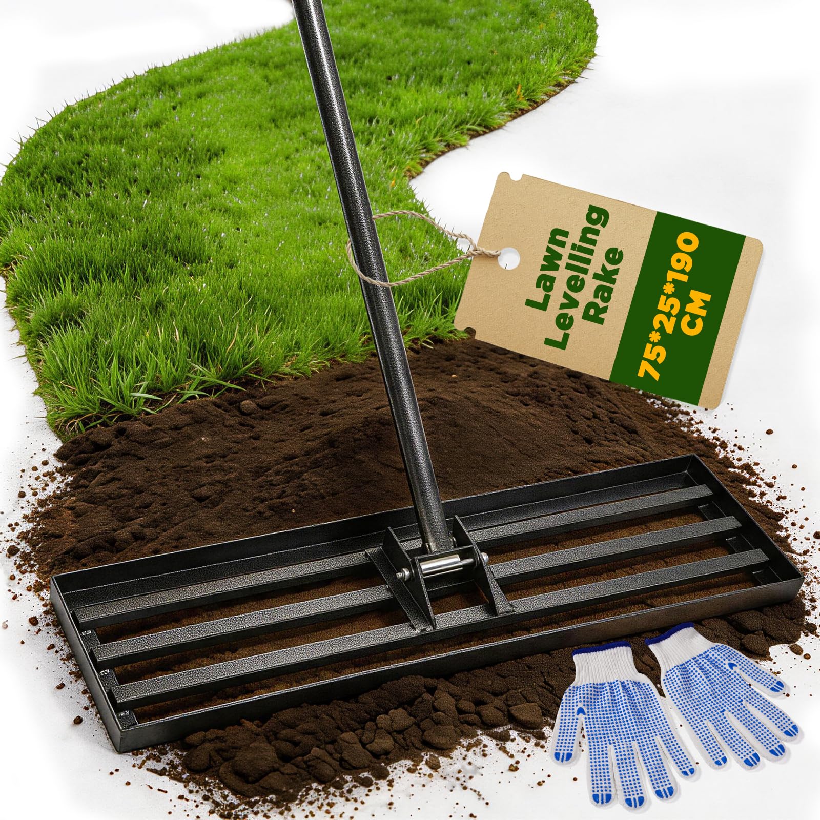 Bakoehge Lawn Leveling Rake 75 x 25cm, Lawn Leveller Tool with Adjustable 67-190cm Long Handle, Heavy Duty Soil & Sand Spreader for Grass, Garden, Yard, Farm Land, Golf Course & Top Dressing