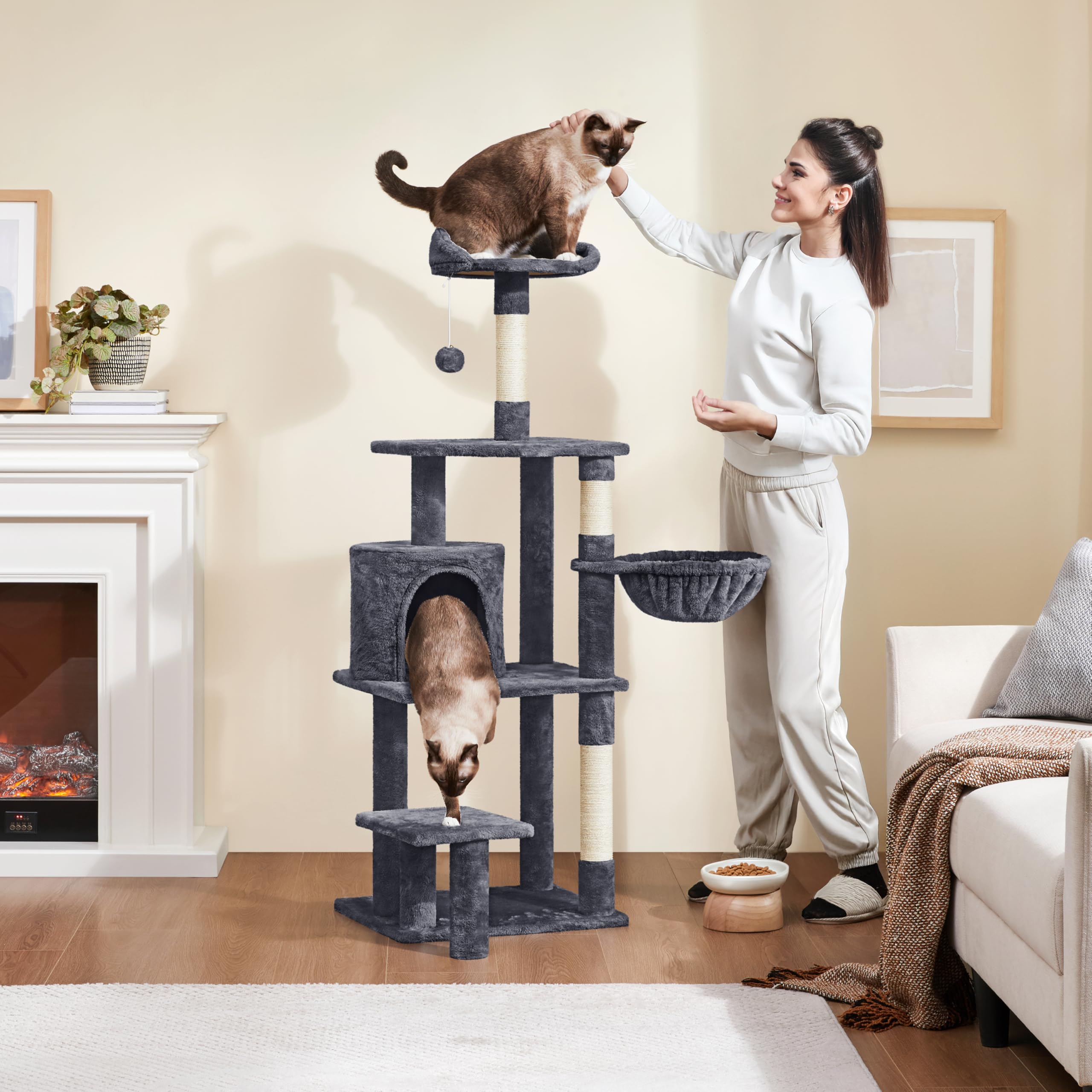 Yaheetech Árbol para Gatos Multinivel Torre Rascadora 145cm Gris Oscuro | Poste sisal resistente, Cesta Cómodo, plataforma multinivel, nido grande,Fácil montaje, Ahorra espacio,Duradero, Estabilidad
