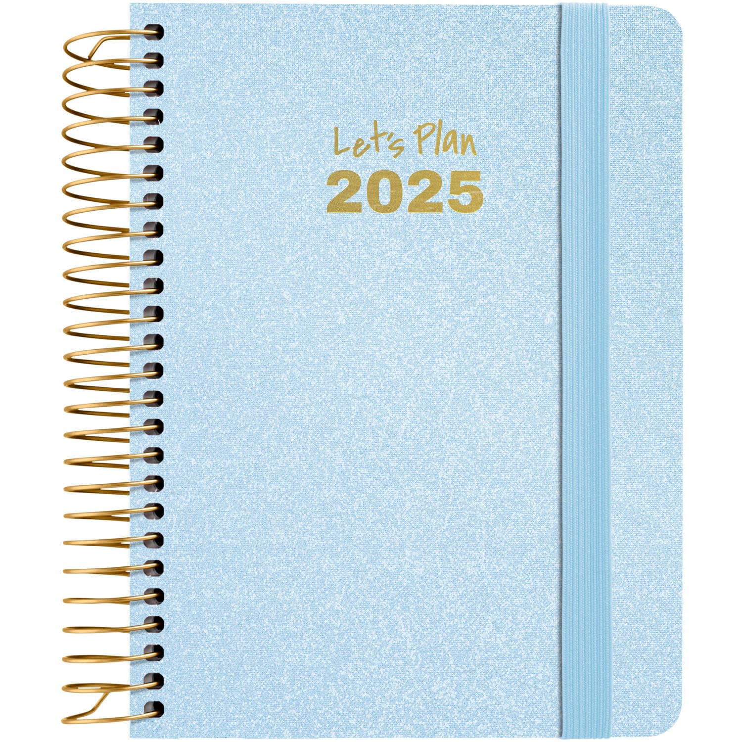 Grafoplás | Weekly View 2025 a6 Annual Diary | Pastel Blue | Spanish | Spiral | Hard Cover Lined Metallic Fabric | Elastic Closure | January to December | Includes Stickers | Metallic Model | FSC