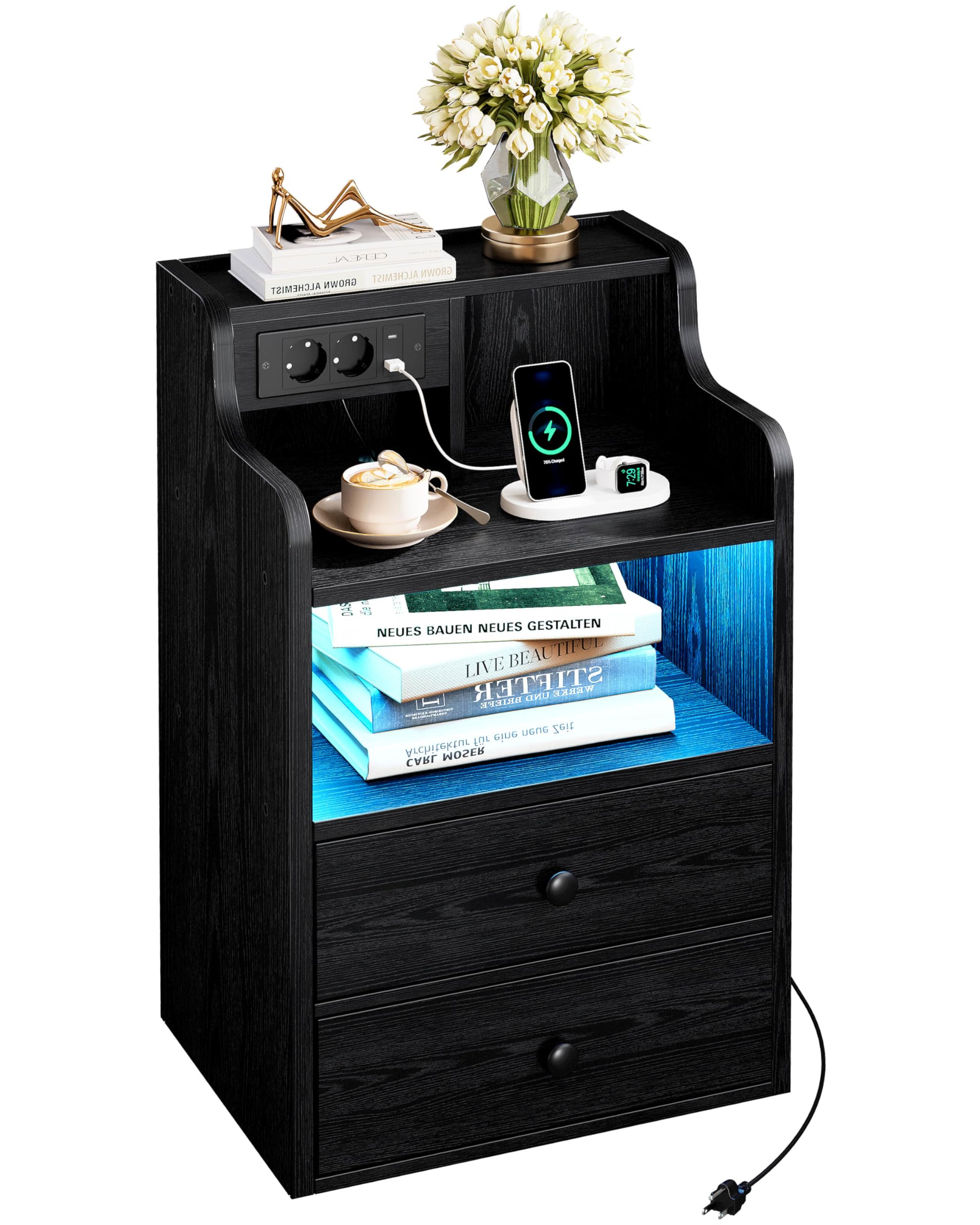 IRONCK Nachttisch 2er Set Mit LED & Steckdosen - Moderner Nachtschrank Mit Schubladen