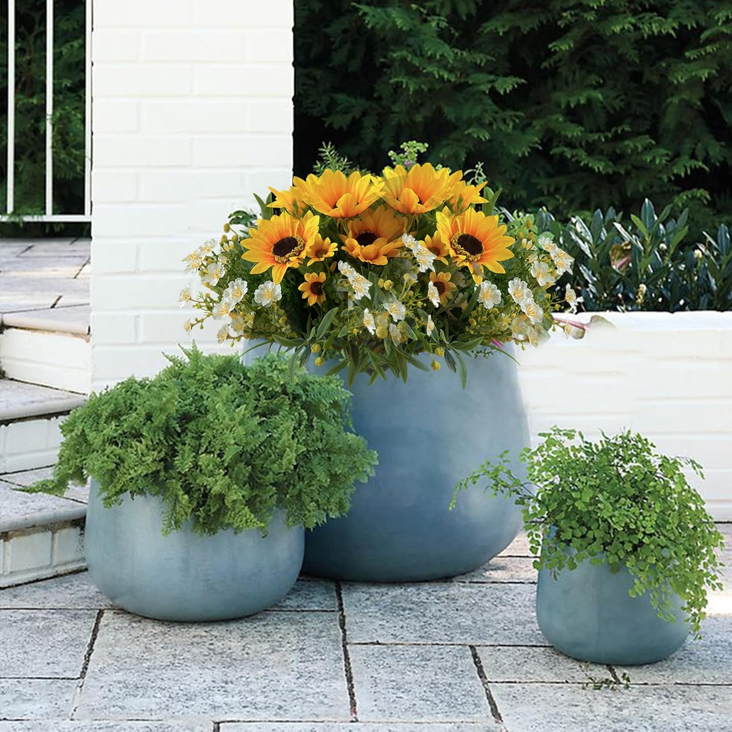 Artificial Flowers for Outdoors Plants Outside Decoration, 8 Bundles Sunflower Silk Gypsophila Daisy Mix UV Resistant Faux Flowers Bouquet for Planter Porch Patio Yard Garden