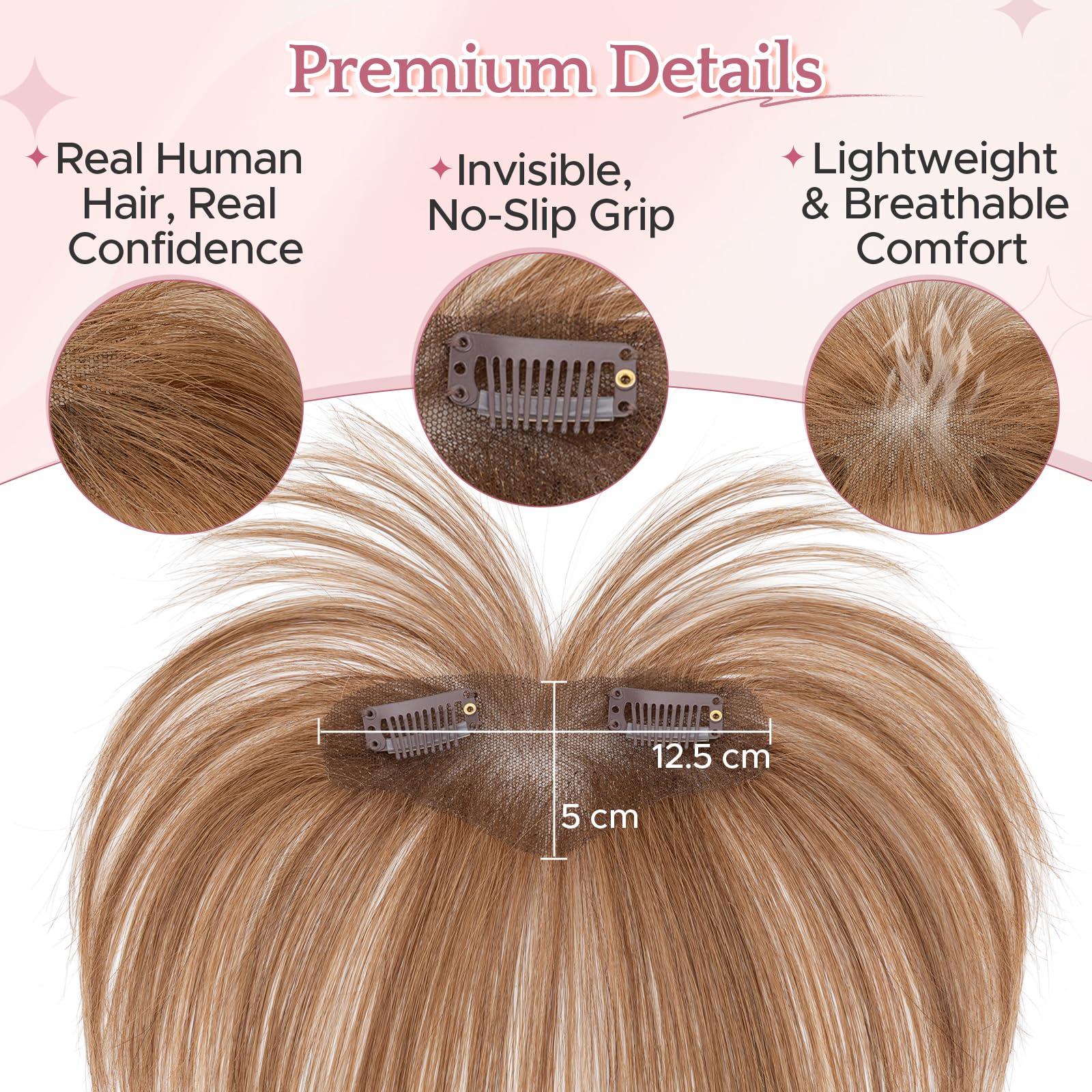 Clip in Pony Echthaar 100% Remy Haar, Luftiger Französischer Pony für Lichte Schläfen, Natürliche Haarteile Echthaar Handgeknotet für Damen #6 Hellbraun