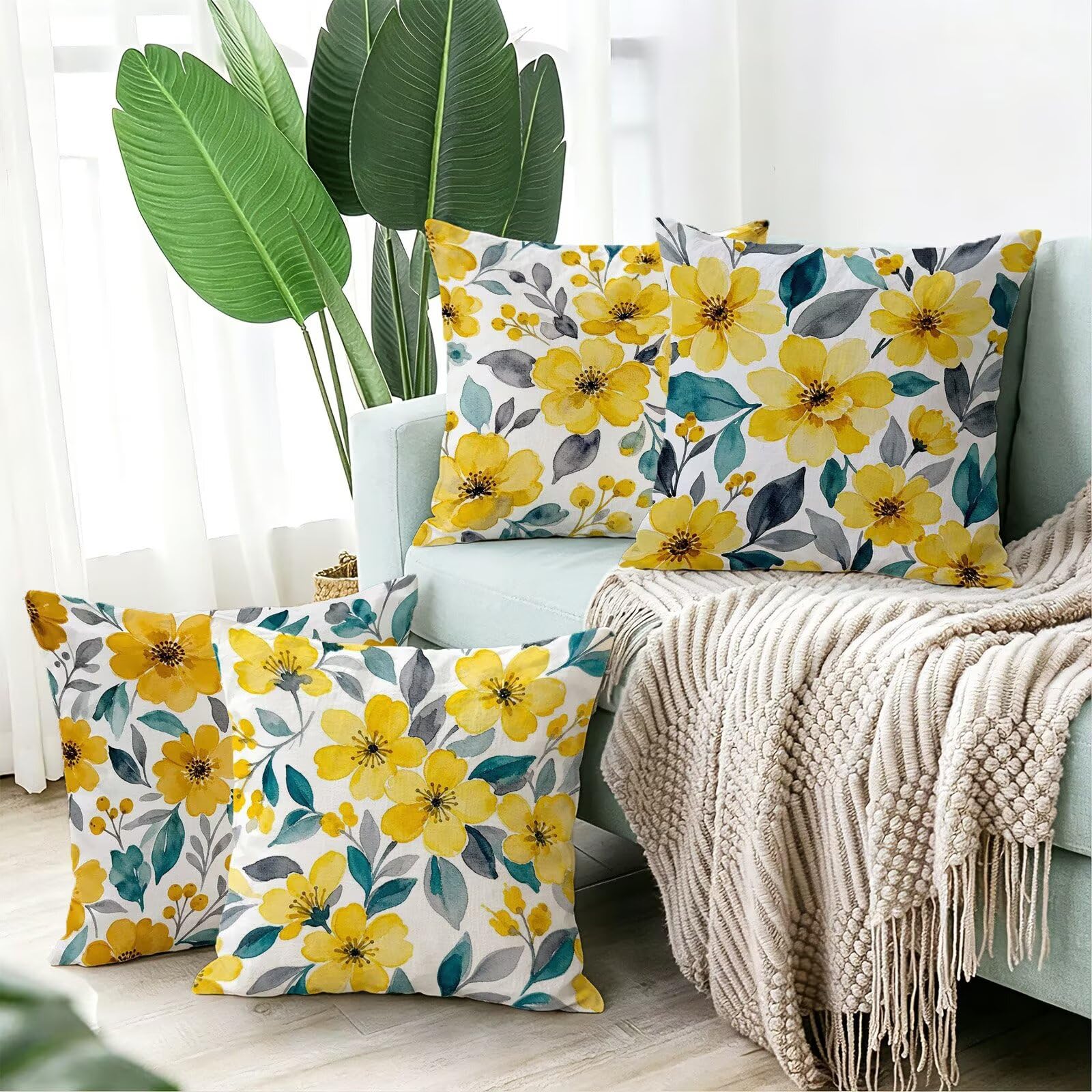 Giallo Federe Cuscini Divano 50x50cm, Cuscini da Esterno Set de 4, Cod-168 | Lin Copricuscini Decorativi Letto Arredo, per Letto, Soggiorno, Giardino, Esterno, Casa Decorazione Set di 4 Pianta