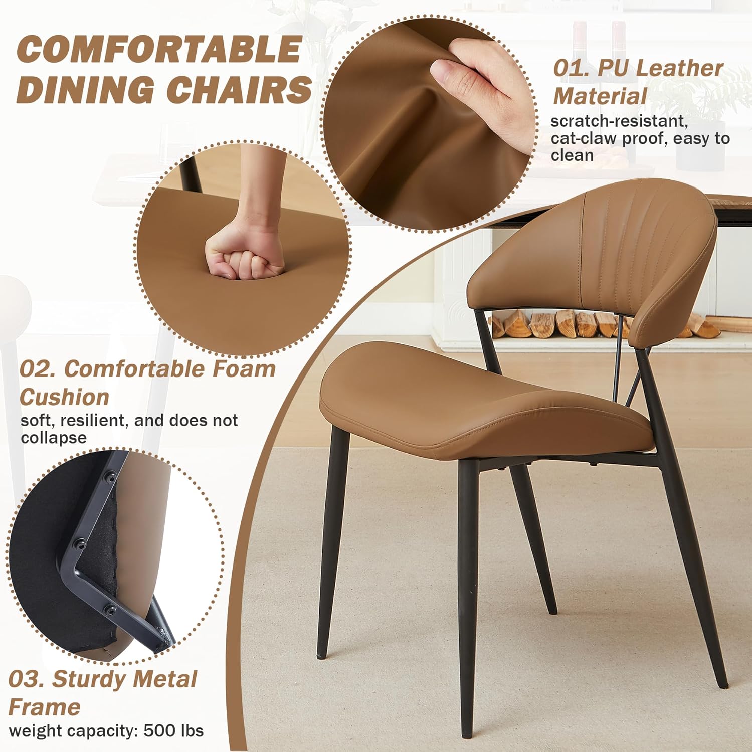 PU Leather Dining Chairs Set of 2, Mid Century Modern Dining Chairs with Curved Back and Black Metal Legs, Upholstered Kitchen Chairs with Stitching for Livingroom, Bedroom, Restaurant (Brown)