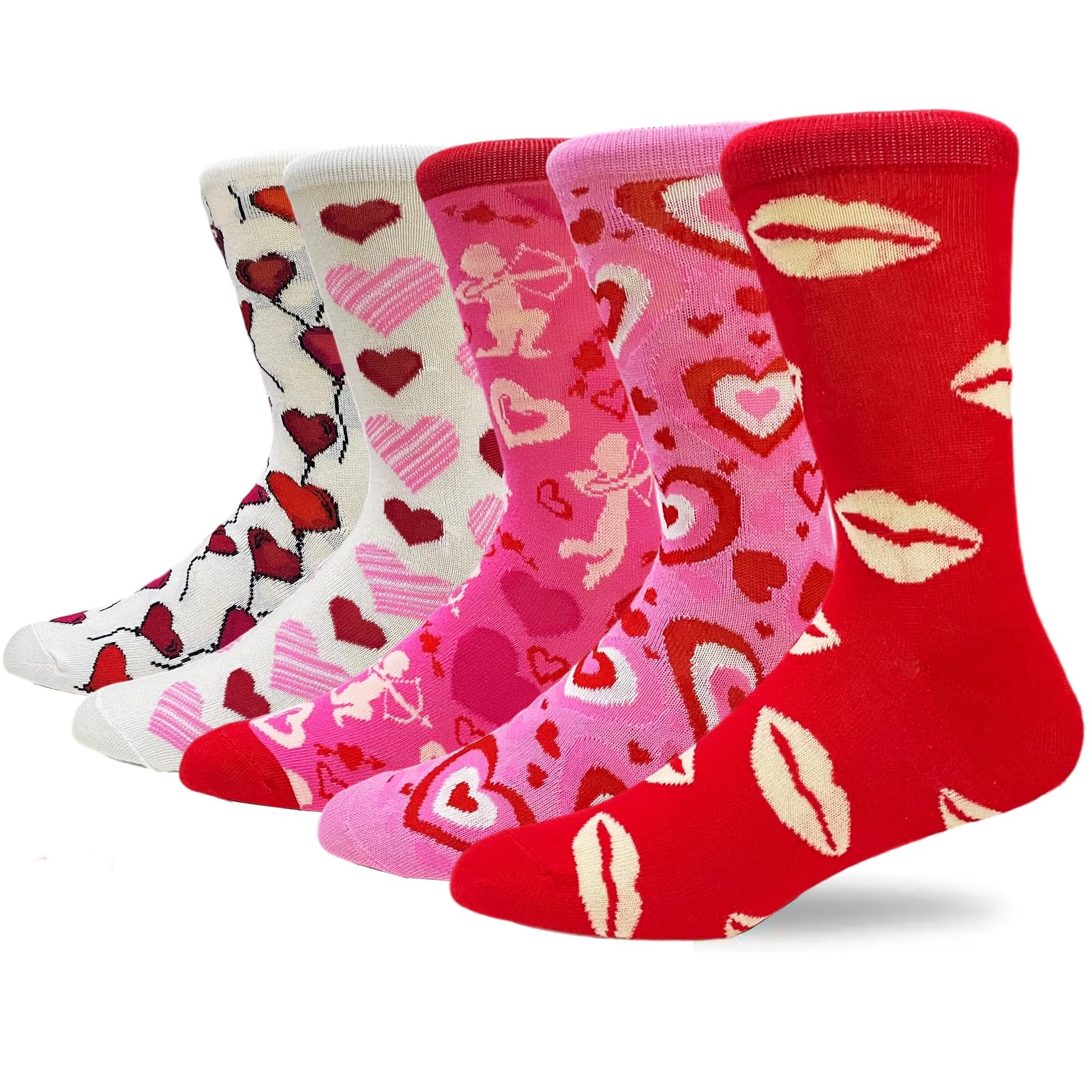 Funny Novelty Crew Socks Mothers Day Gifts for Mom Wife Women Crazy Colorful Cute Cool Fancy Silly Graphic Happy Fun 6-11 5 Pairs - Cute V-day Gifts for Her Socks - Cupid and Love Heart Print Lip Pattern Socks
