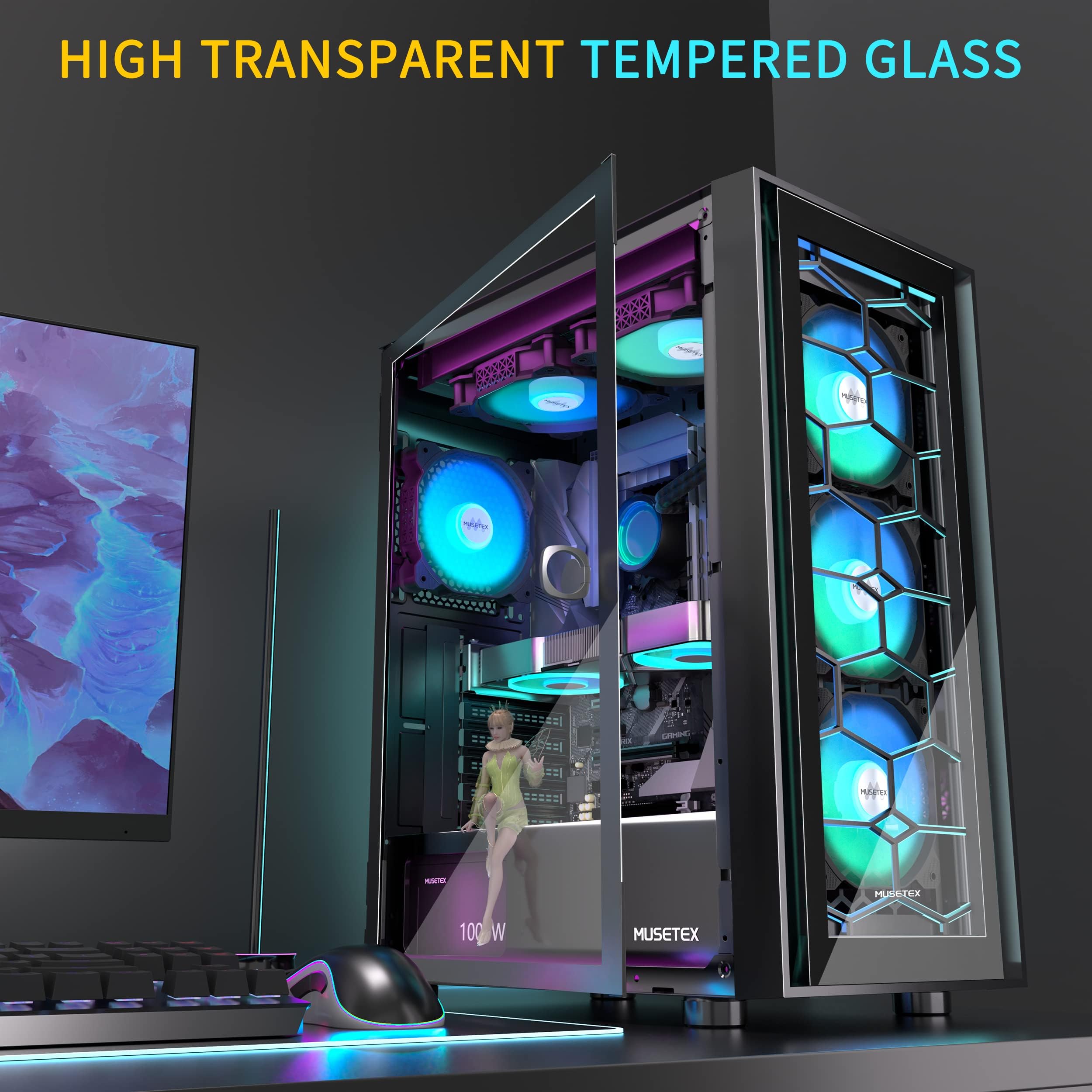 MUSETEX PC CASE ATX 3 ventiladores no LED preinstalados, carcasa de
