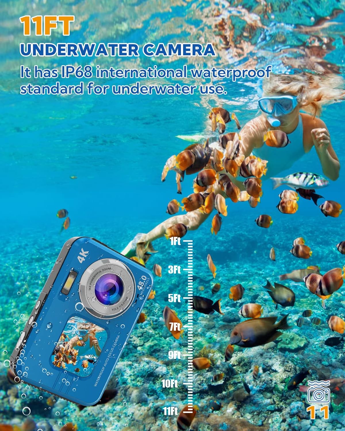 Underwater camera submerged in water with fish, indicating its 11FT waterproof capability.