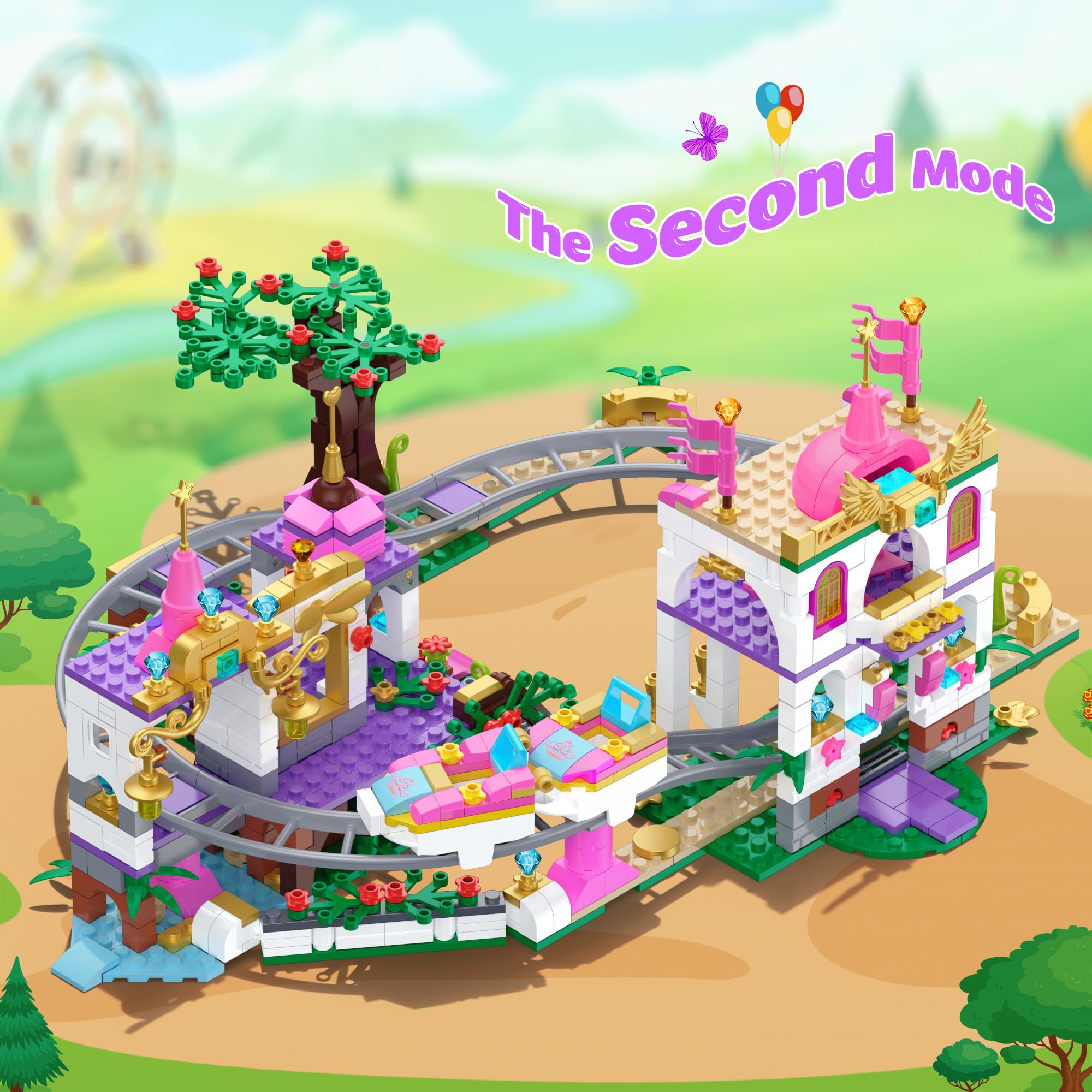 Prinzessin Castillo Montaña Rusa Set de Construcción, 749 PCS Rosa Parque de Atracciones Juguete Carnaval con Casa del Árbol Friends, Molinillo, Regalo para Niñas Chicas de 6+, Pascua, Navidad
