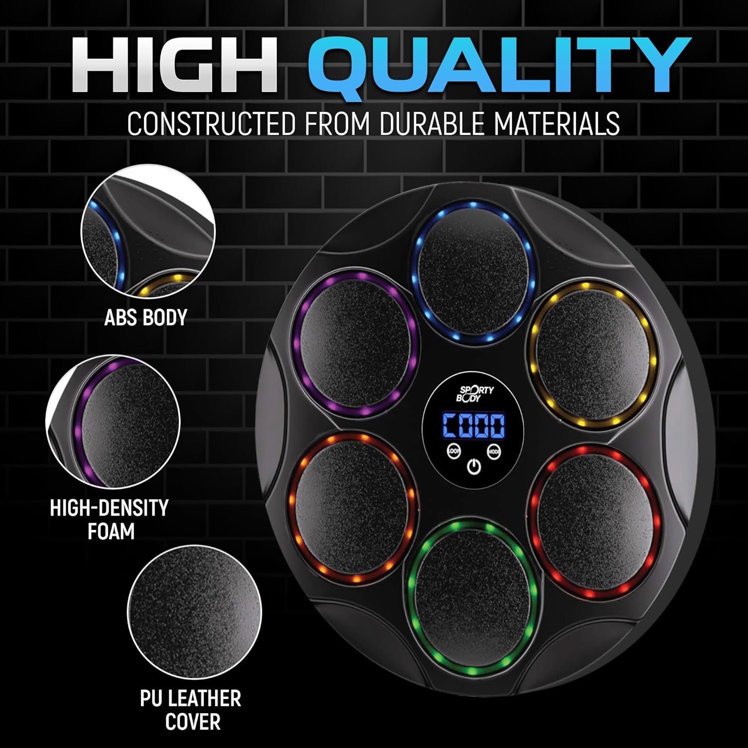 Music Boxing Beatbox Trainer by Sporty Body, 9 Speeds & 9 Light Modes, Bluetooth Sync, Auto Counting, and Durable ABS Body for Home Workouts, Supports 440lbs Punch Force, Wall Mounted Boxing Machine