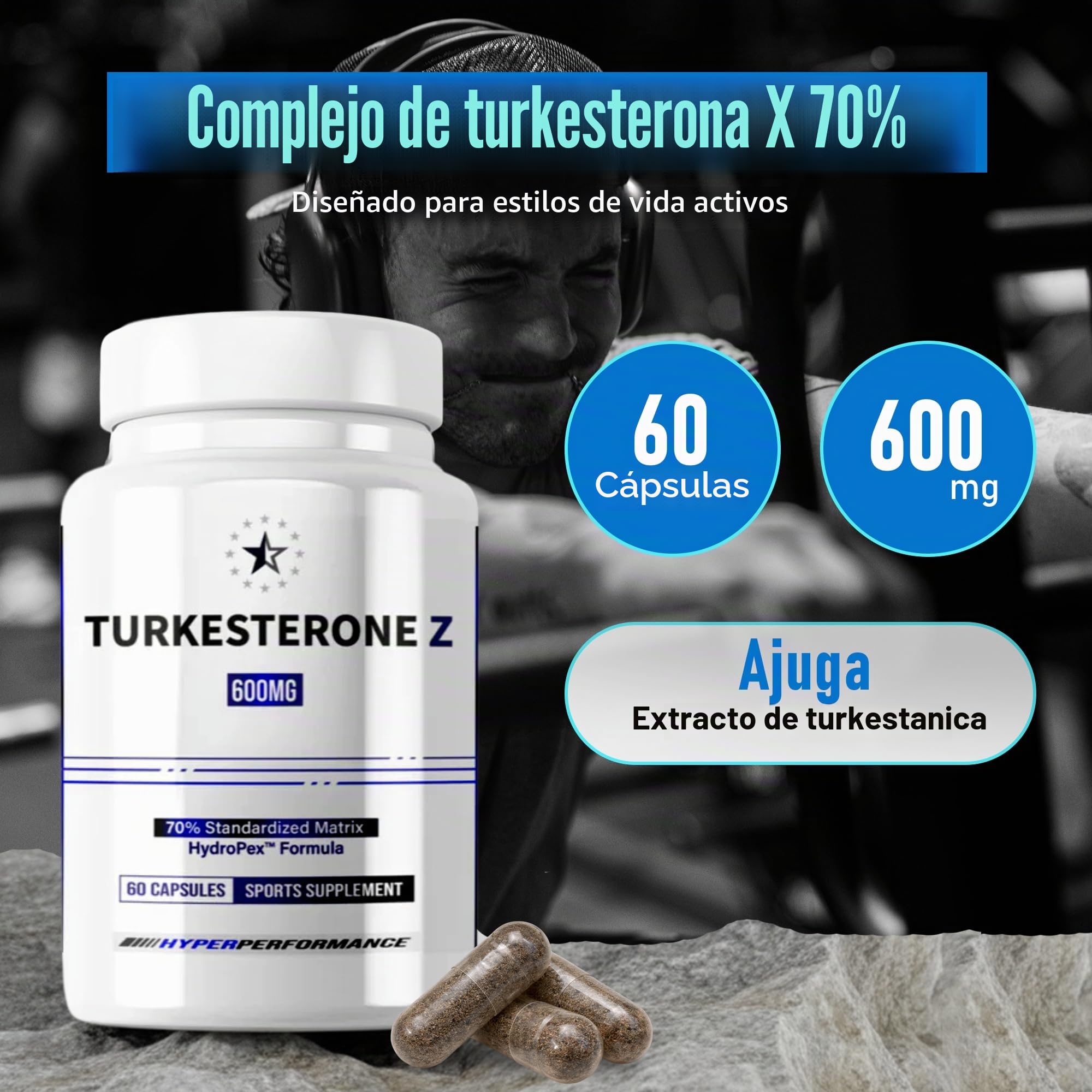 Turkesterone 70% - Supreme con HydroPex - 60 cápsulas veganas (600mg/capsula) - turkesrerona de alta concentracion - extracto de ajuga turkestanica- marca europea Apex