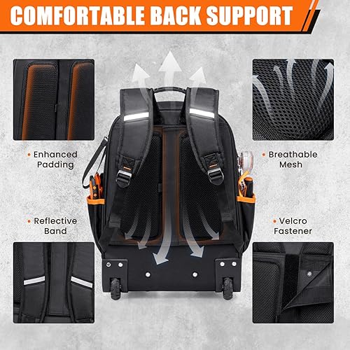 Miniatura 4 de Mochila de herramientas rodante 2 en 1 resistente, bolsa de herramientas rodante con ruedas, 63 bolsillos para hombres, mochila impermeable para