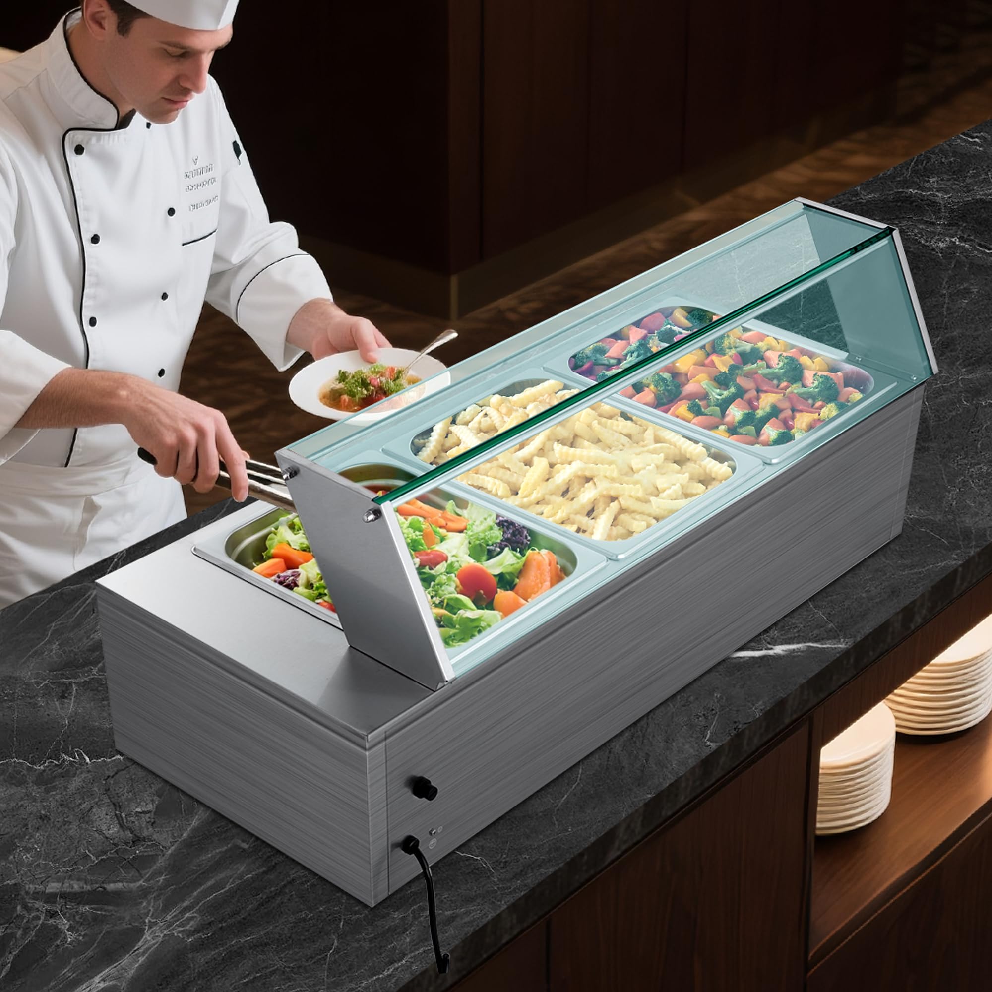 VEVOR Chauffe-Plat Électrique à Vapeur 1500 W, Buffet Chauffant en INOX, Bain-Marie avec 3 Bacs, Couvercle en Verre et Louches à Soupe et Perforées, pour Servir Buffet en Libre-Service Restauration