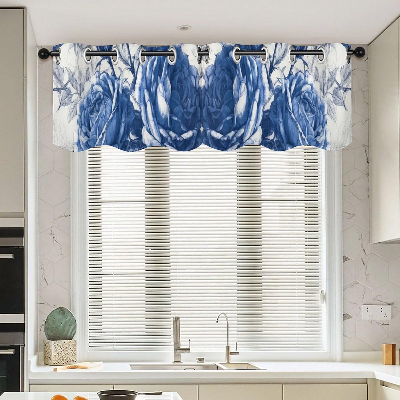 Rideaux traditionnels style chinois bleu 132x45cm pour petites fenêtres