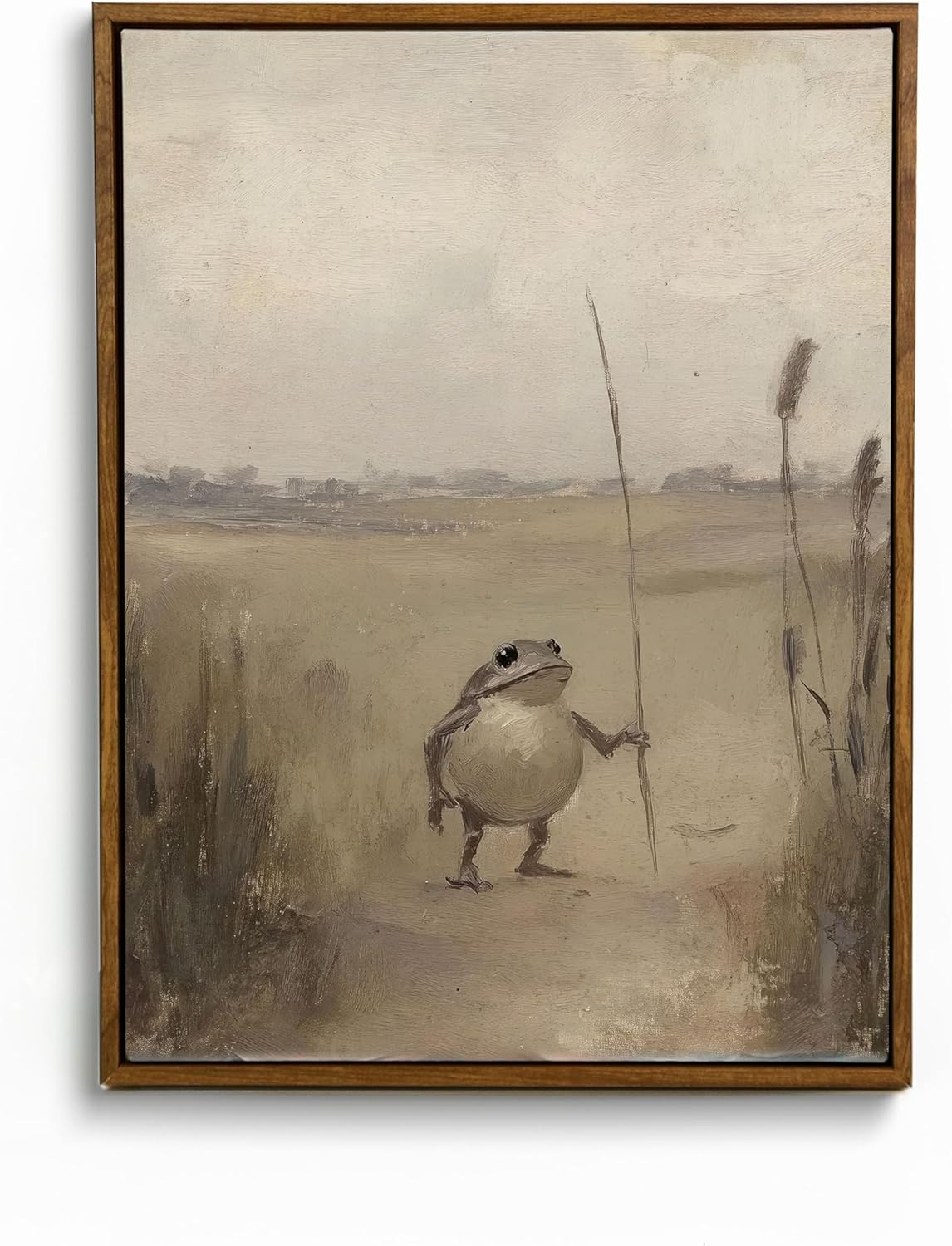 Framed Whimsical Frog Traveler Wall Art Vintage Cottagecore Painting Animal Canvas Poster Funny Animal Picture Print Moody Nature Wall Decor For Home Bedroom Office Ready To Hang