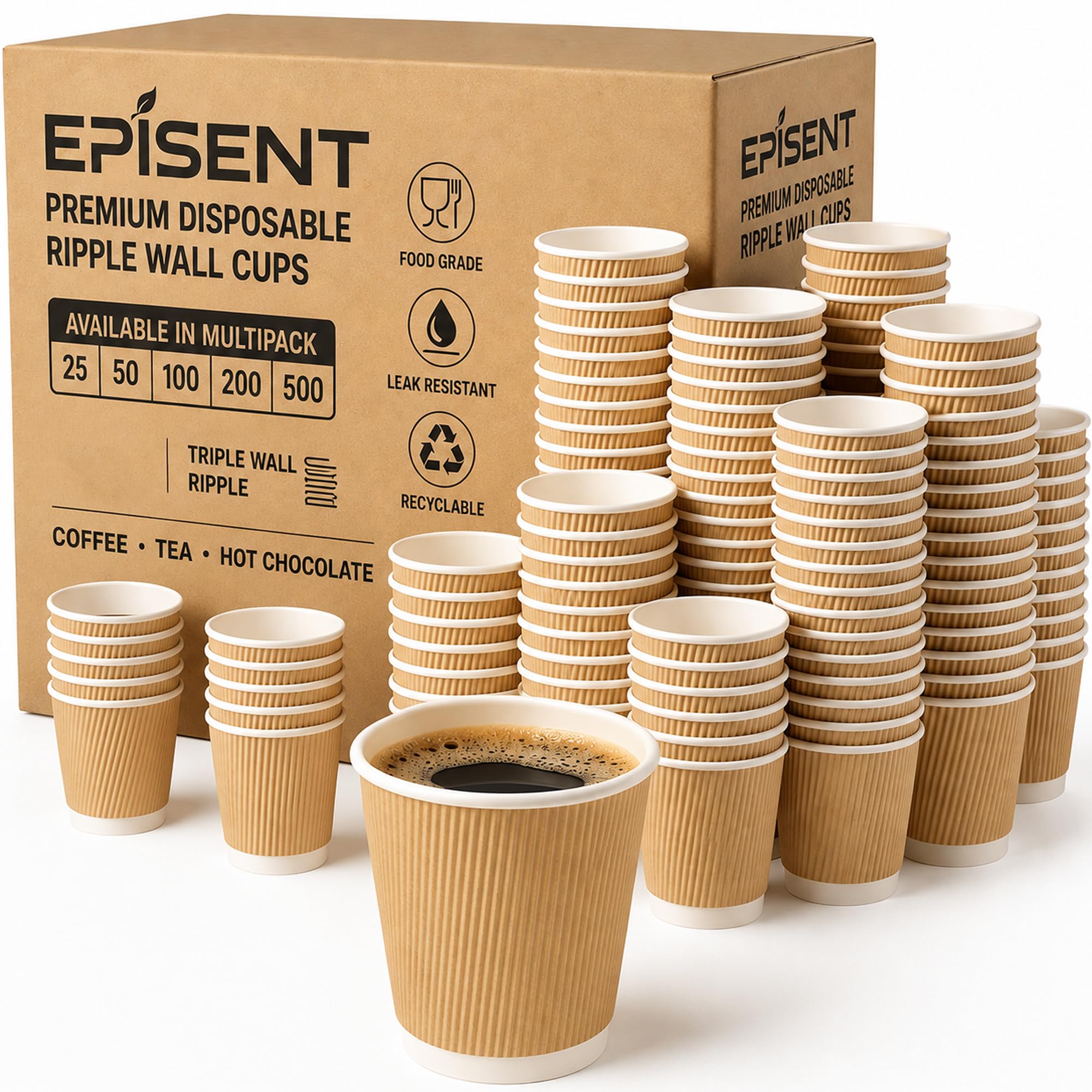 EPISENT 12oz Disposable Coffee Cups, 500 Pack Ripple Kraft Paper Cups