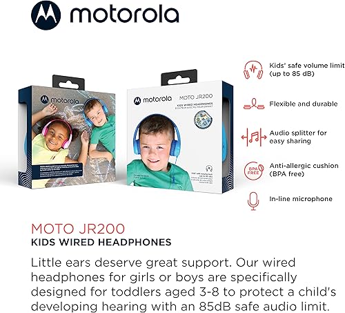 Miniatura 2 de Motorola Sound JR200 - Auriculares para Niños con Cable - Limitación de volumen 85 dB con Divisor de Audio - Libre de BPA - A partir de 3 años - Azul
