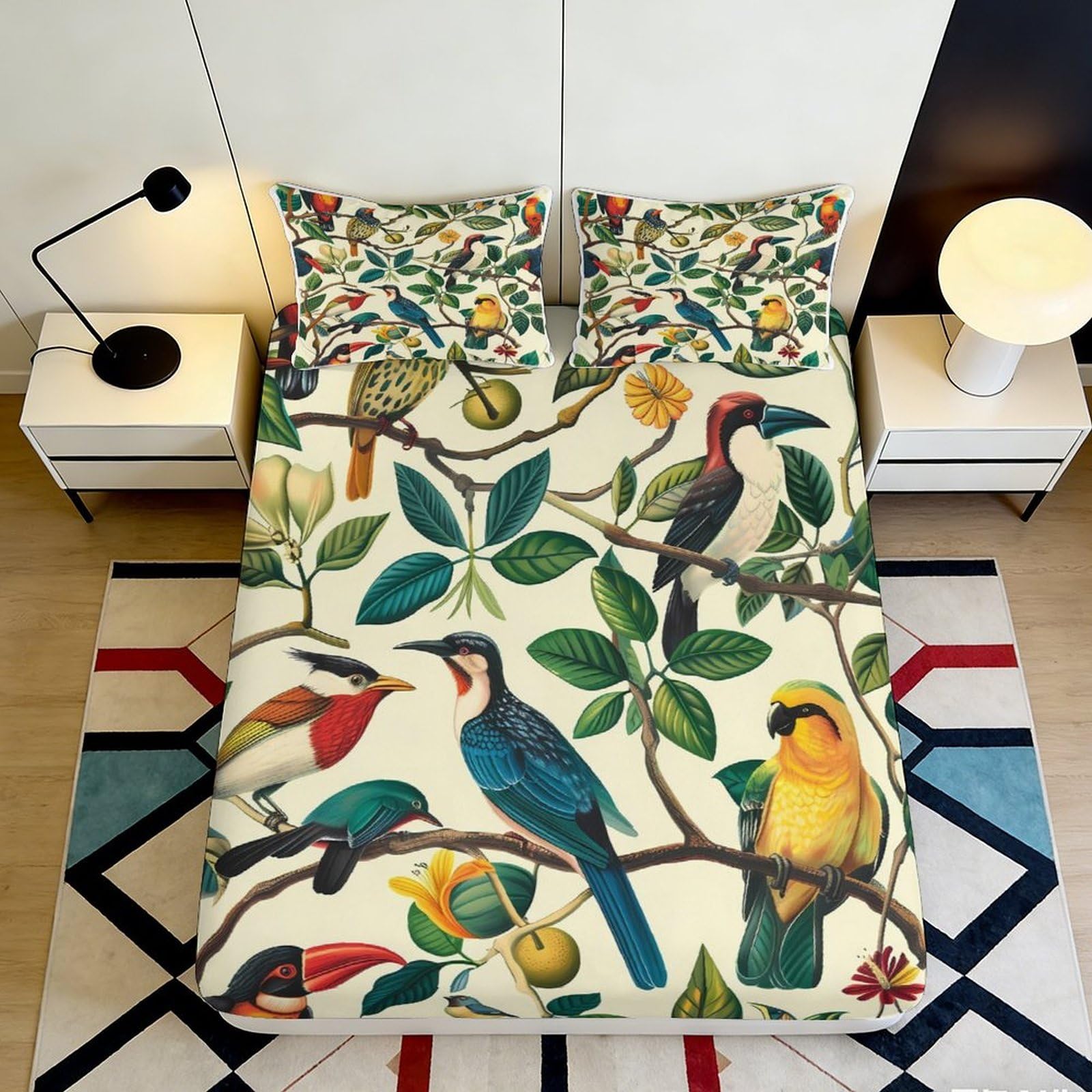 Decorative Birds Fitted Sheet 3D Printed Soft Touch Microfiber, Mattress Cover for Home Bedroom, Wrinkle Resistant, Guest Room Bedding, 119 chars 90x200x25cm