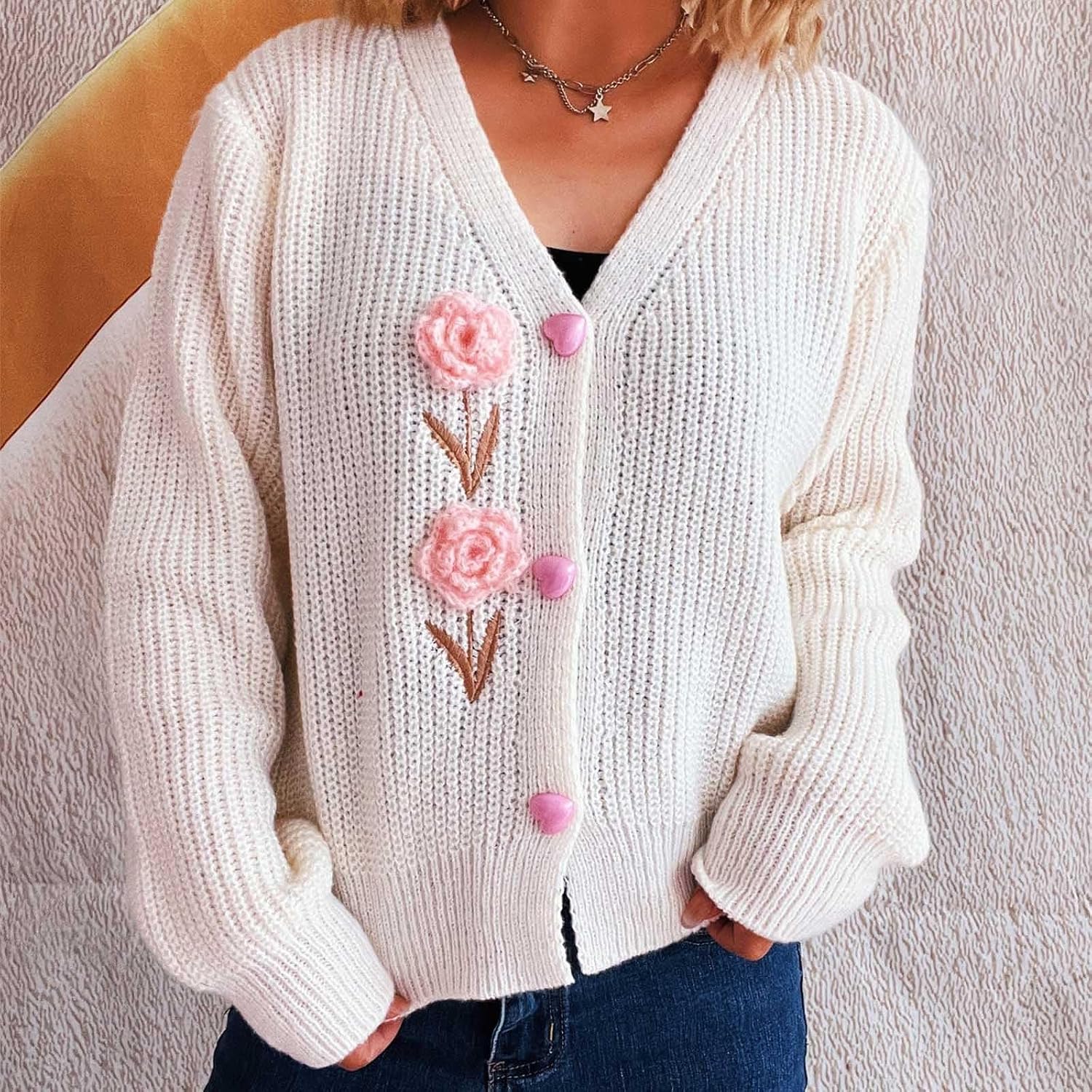 Womens Button Up Cardigan Sweaters 3D Flower Long Sleeve Crew Neck Fall Soft Lightweight Knit Loose Sweater Tops