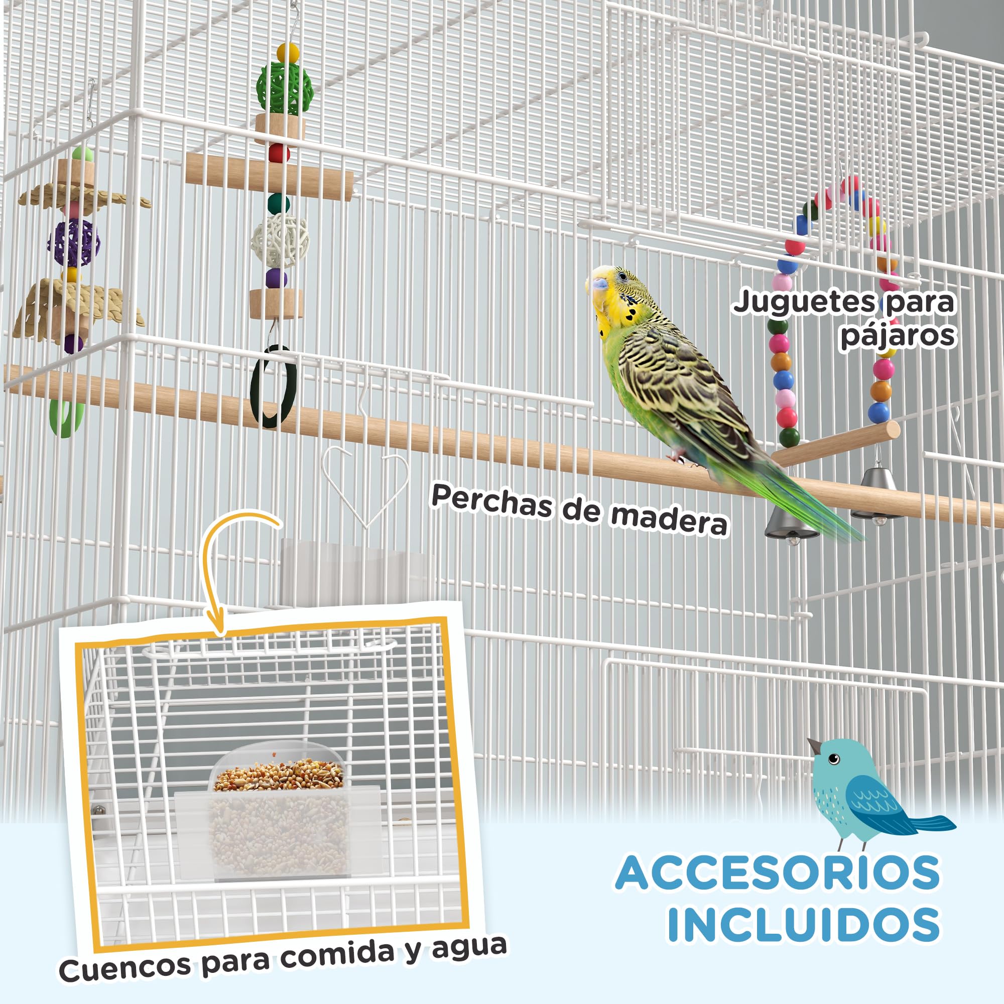 PawHut Jaula para Pájaros con Ruedas Grande con Soporte 79x49x133 cm Blanco