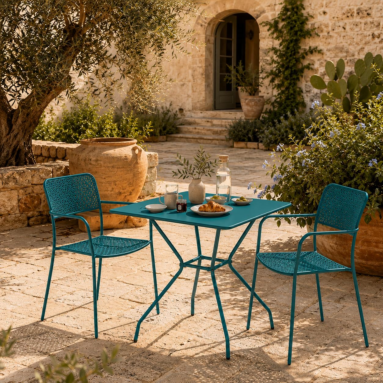 Brigros Estosa - Tavolo da Giardino in Ferro Modello Cara, Tavolo per Esterno in Metallo con Verniciatura Colorata e Copertura a Polvere Resistente e Durevole, 70x70x75h cm, Turchese