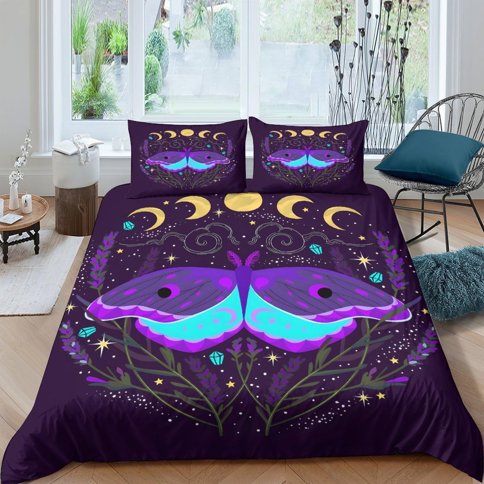 Ctjqhvkz Style-7 3D Printed Purple Butterfly Moon Fitted Sheet Microfiber Soft Breathable Mystical Night Bed Cover For Bedroom Dorm Mattress Decor Single（135X200cm）