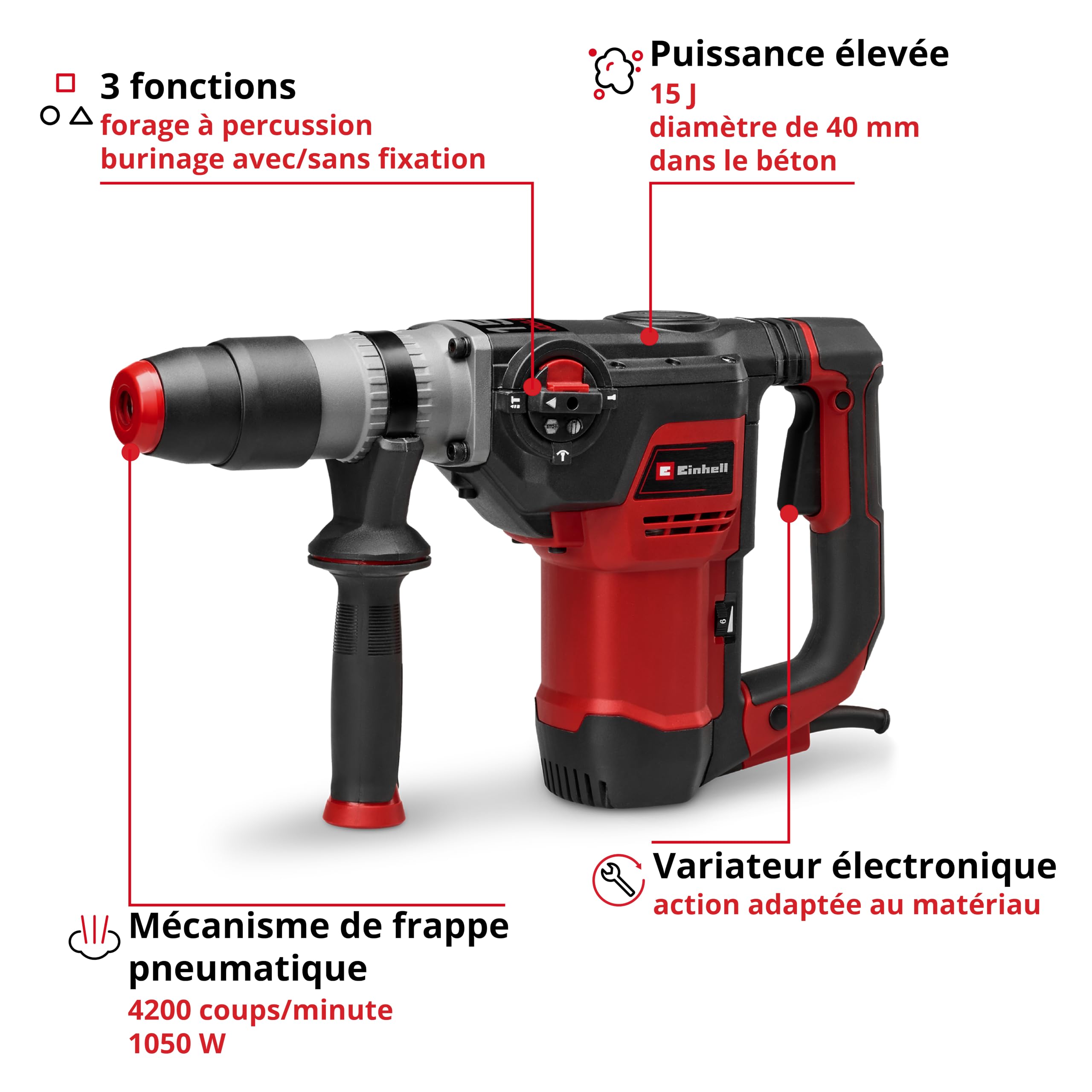 Einhell Marteau perforateur TE-RH 40/15 3F +2 | 1050 W | mécanisme de frappe pneumatique | force de frappe 15 J | anti-vibrations | SDS max | burin plat et burin pointu