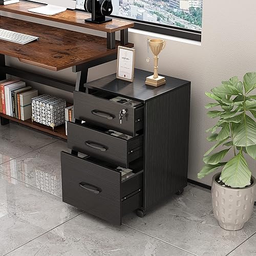 Miniatura 5 de YQ JENMW Archivador con 3 cajones con 1 cerradura, archivador móvil rodante de madera, archivador debajo del escritorio con ruedas, archivador