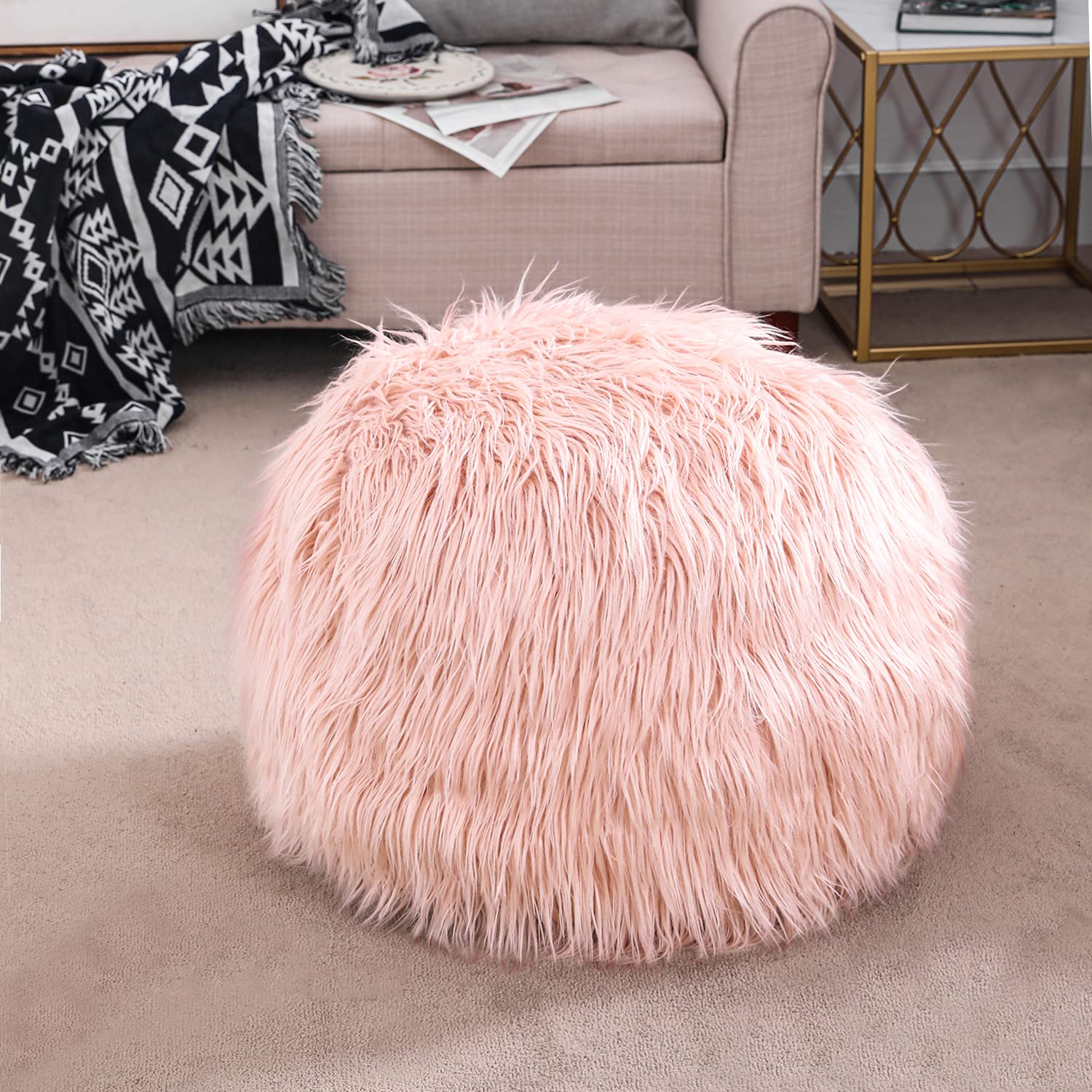 Adeco Unstuffed Ottoman Pouf Covers,19x15 inch Faux Fur Foot Stool,Round Floor Storage Cushion Covers for Living Room, Bedrooms, Home Decor (Pink)