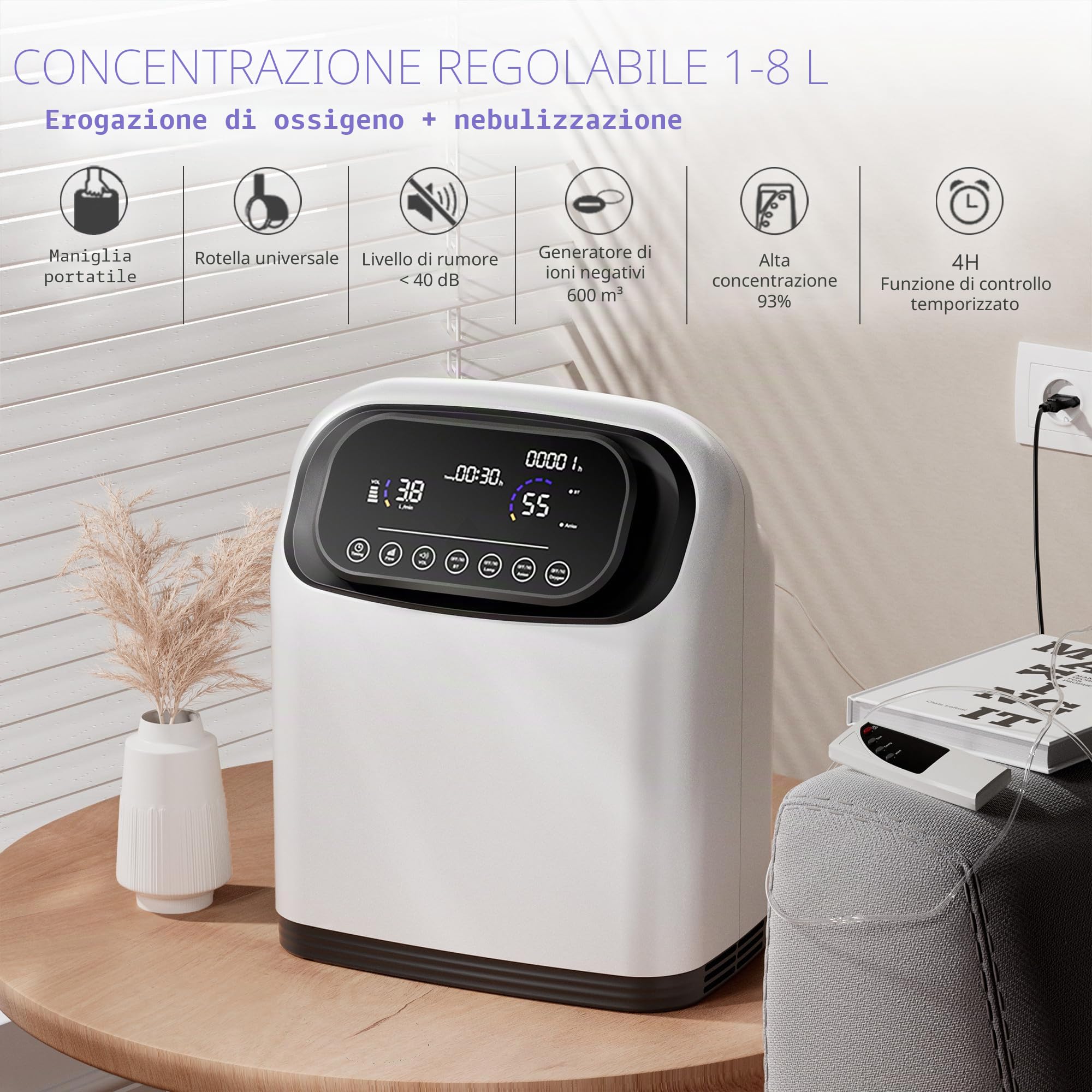 Concentratore di ossigeno da 1 a 8 litri、Fornitura continua di ossigeno al 90% ± 3% 24 ore al giorno, adatto a casa, in ufficio e in viaggio