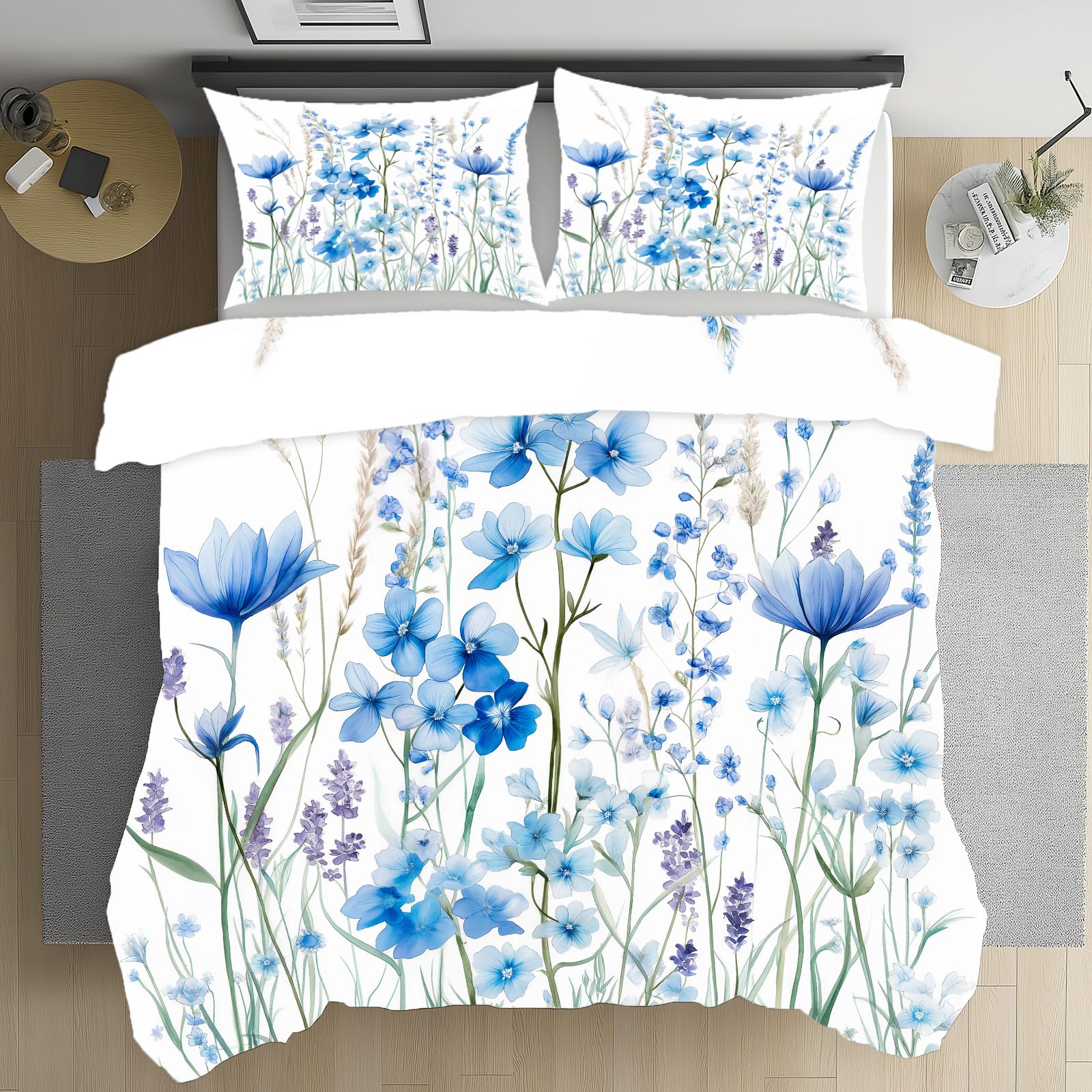 Parure de couette adulte bleu avec fermeture éclair et motif floral botanique 3 pièces