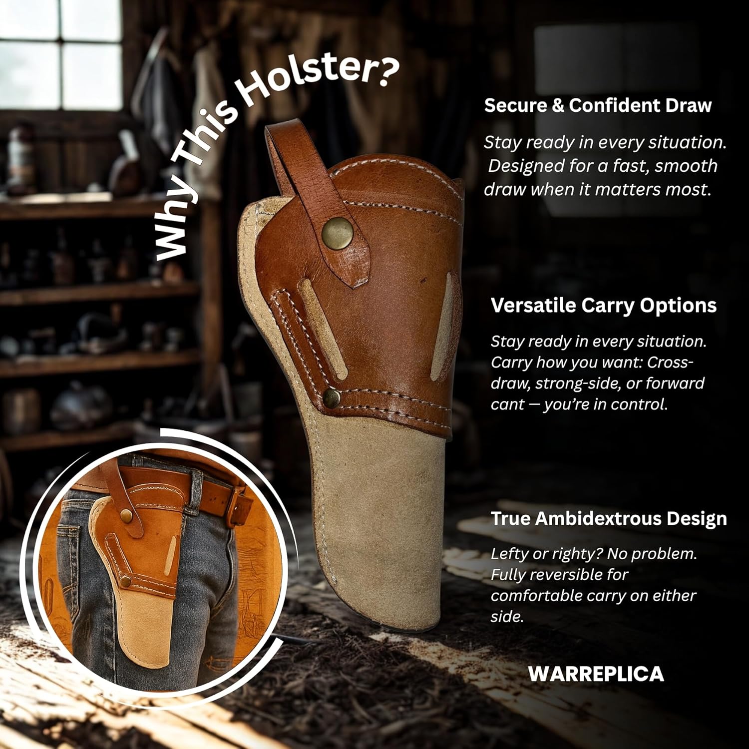 Warreplica Wild Hog Leather Revolver Holster - Compatible with Ruger Wrangler 4 5/8" and Heritage Rough Rider 4 3/4" (Ambidextrous)- Reproduction