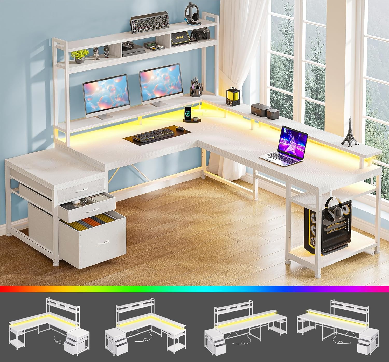 EnHomee 64 x 60 Inch L Shaped Desk with Shelf and Drawers, Gaming Desk with Power Outlet & Monitor Stand & LED Lights, Reversible White Vanity Desk, Two Person Desk for Living, Gaming Room, White