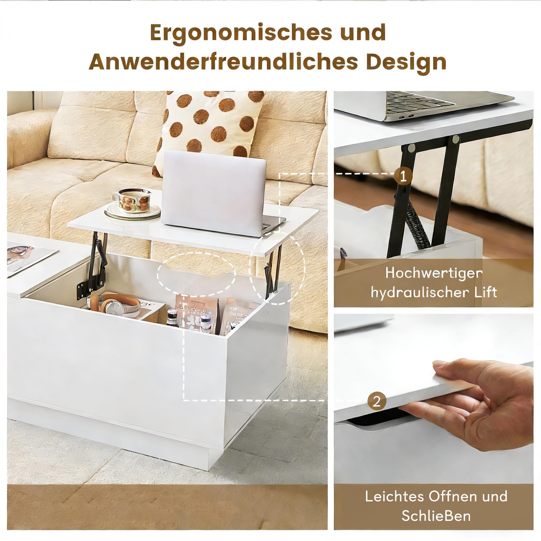 Couchtisch Höhenverstellbar, Wohnzimmertisch Hochglanz mit Verstecktem Stauraum und Schubladen Modern, Couchtisch Hochglanz mit Hebeplatte, 100 x 50 x 40 cm, Weiß