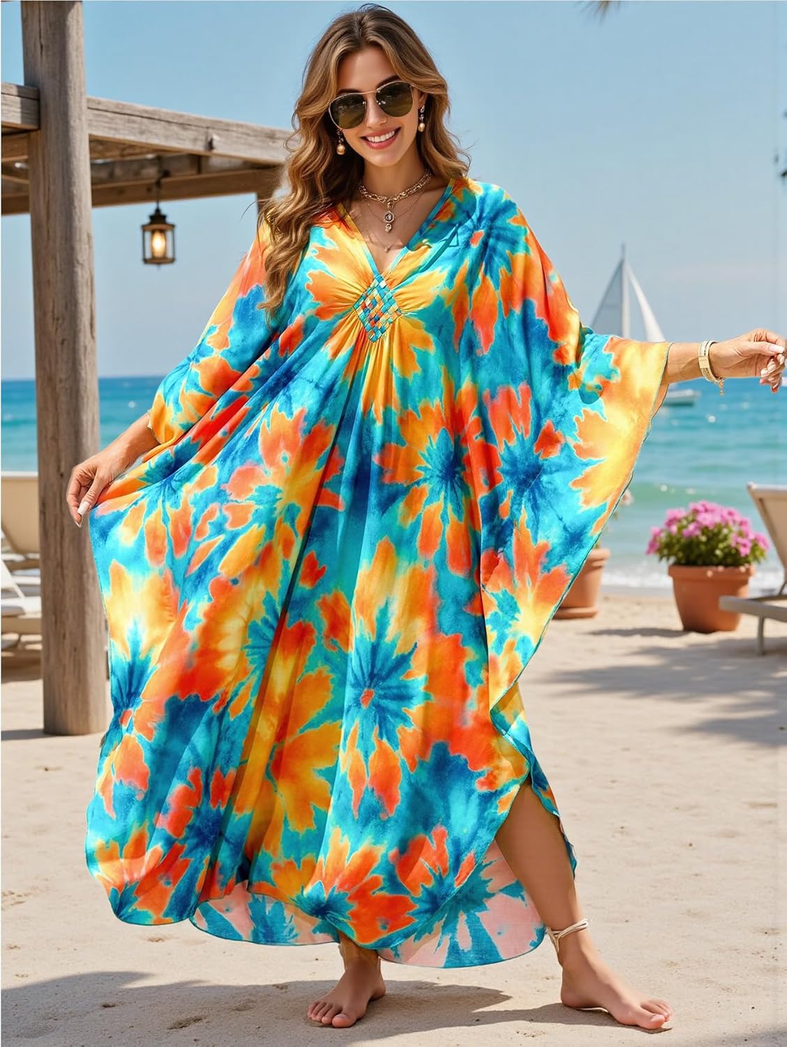 Kaftan Dresses for Women Plus Size Caftan Swimsuit Cover Up, Boho Beach Dress with Batwing Sleeves - Image 3