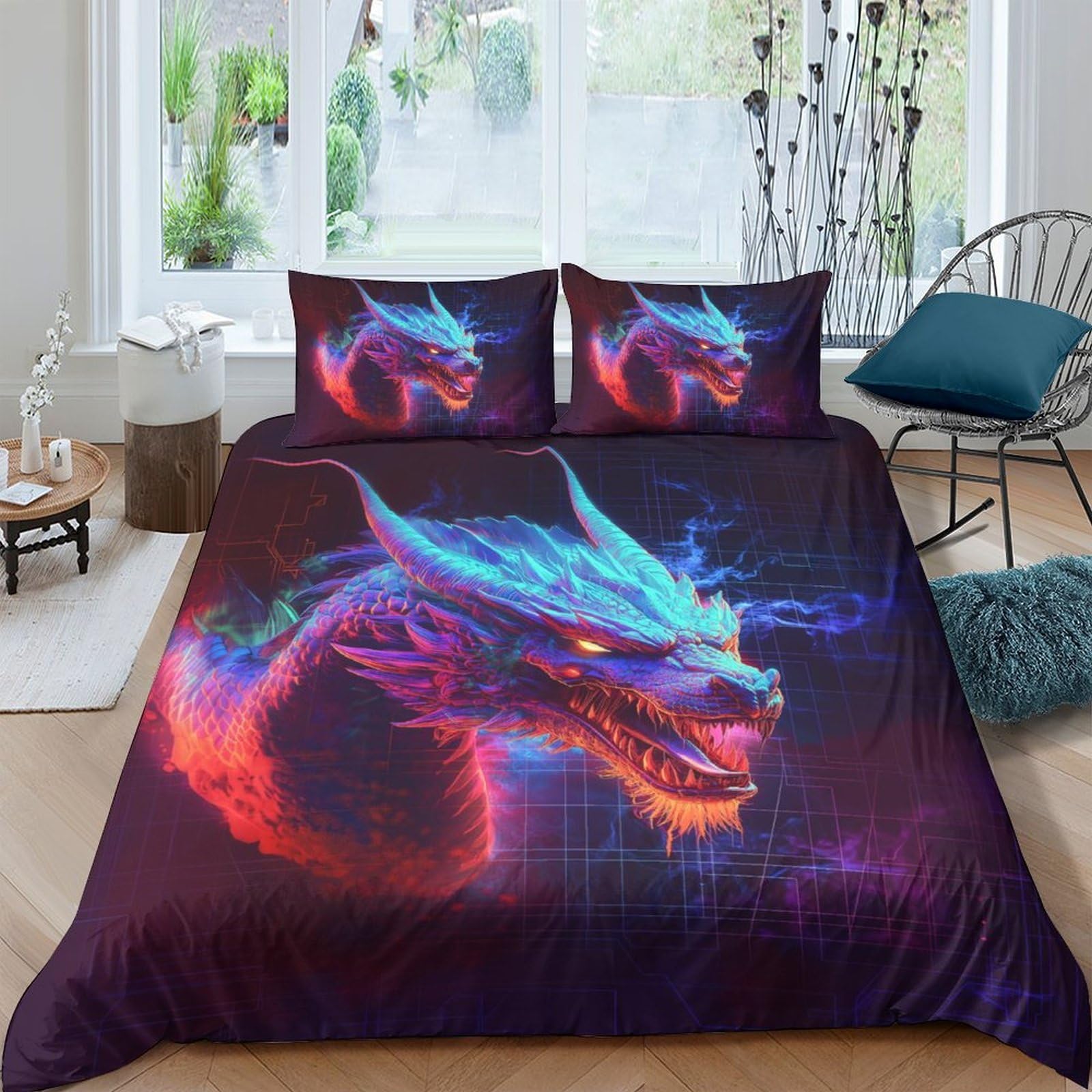 Ctjqhvkz Style-2 3D Printed Fiery Dragon Fitted Sheet Microfiber Soft Vibrant Blue Red Fantasy Mattress Cover For Bedroom Dorm Decor Single（135X200cm）