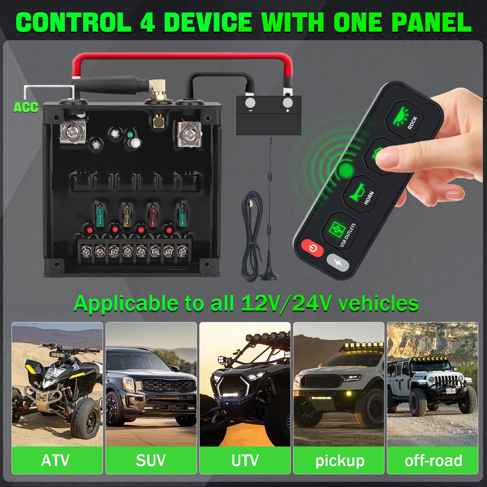 Chelhead Panel de conmutación inalámbrico de 4 marchas, panel de interruptor de una fila para vehículos con función estroboscópica de conmutación 12 V – 24 V, sistema de control de relé universal