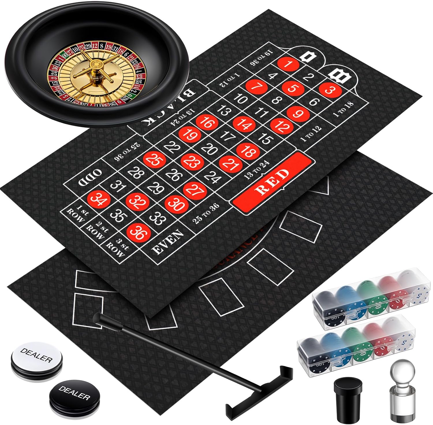 Roulette Wheel Set Include 10 Inch Roulette Wheel, Double Sided Felt, 200 Chips, Chip Rake, Acrylic Marker, Dealer Poker Button for Casino Game Blackjack Night Party Holidays (Black)