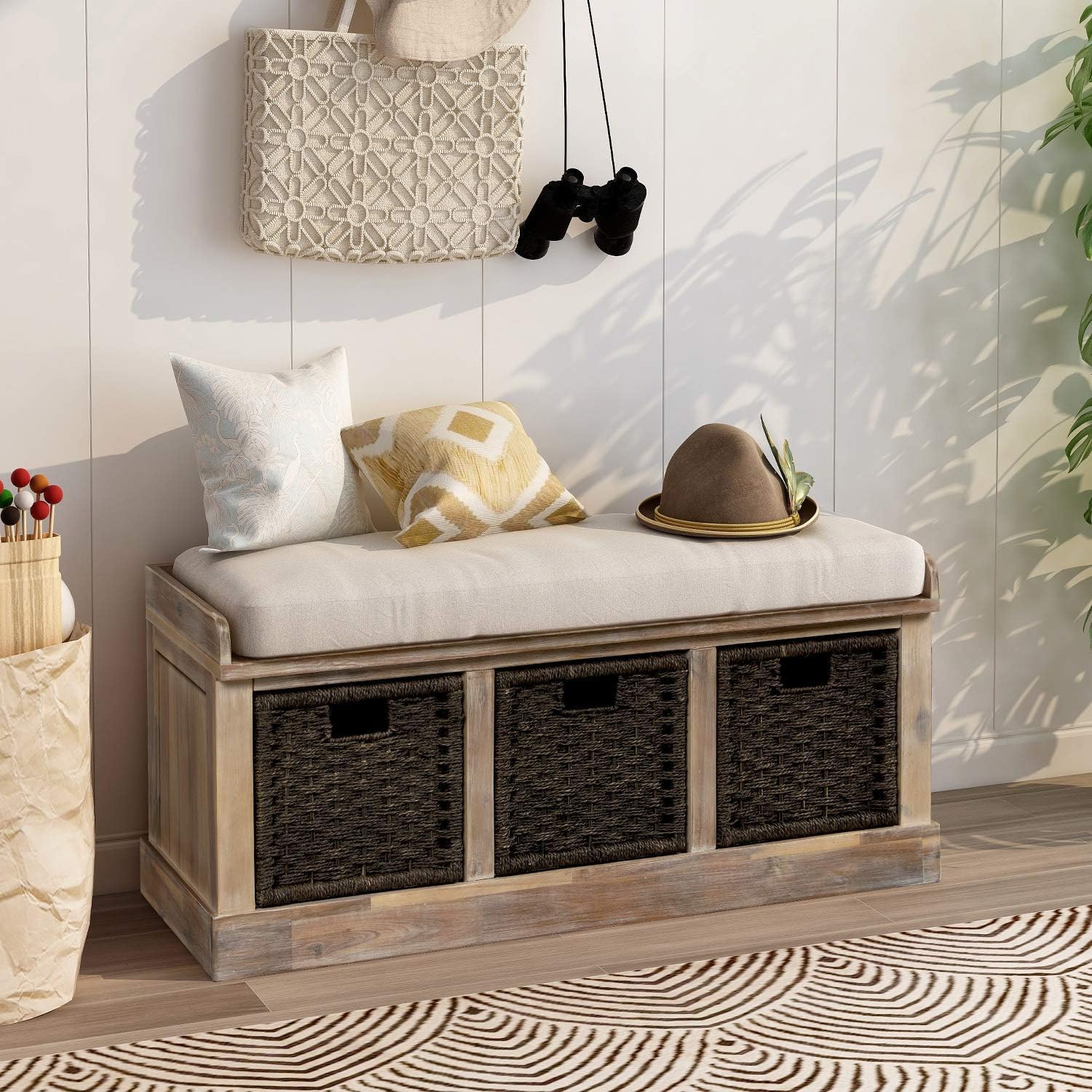 Amazon.com: WOODRK Rustic Wicker Storage Bench with 3 Removable Classic ...