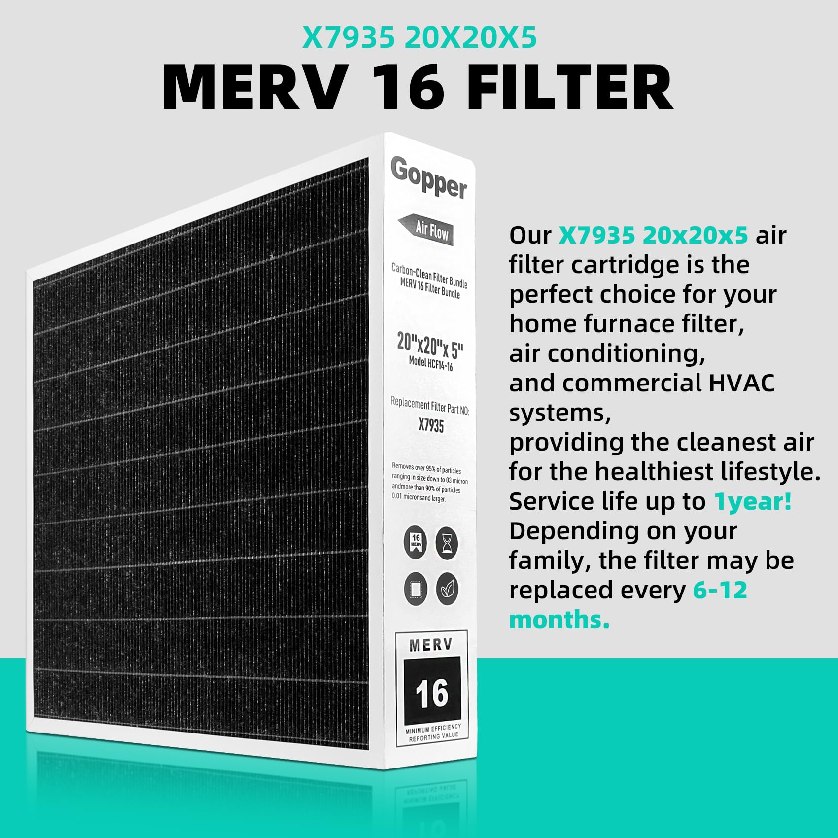 X7935 Merv 16 - Filtro de aire (20 x 20 x 5, filtro de repuesto para filtros de aire HCC14-23 HCF14-16 Len-nox, modelos de filtros Honey-well FC100A1011 y FC200E1011
