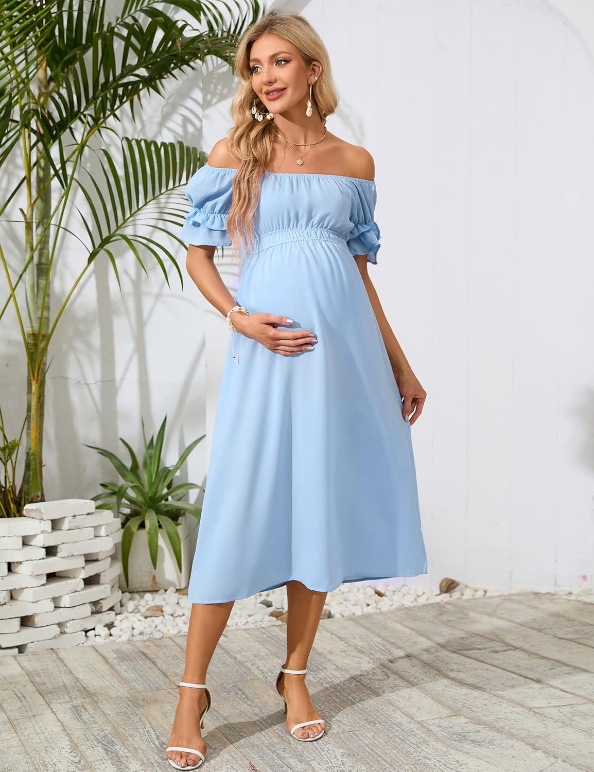 KOJOOIN Womens Women's Off Shoulder Short Sleeve Maternity Dress - Image 3