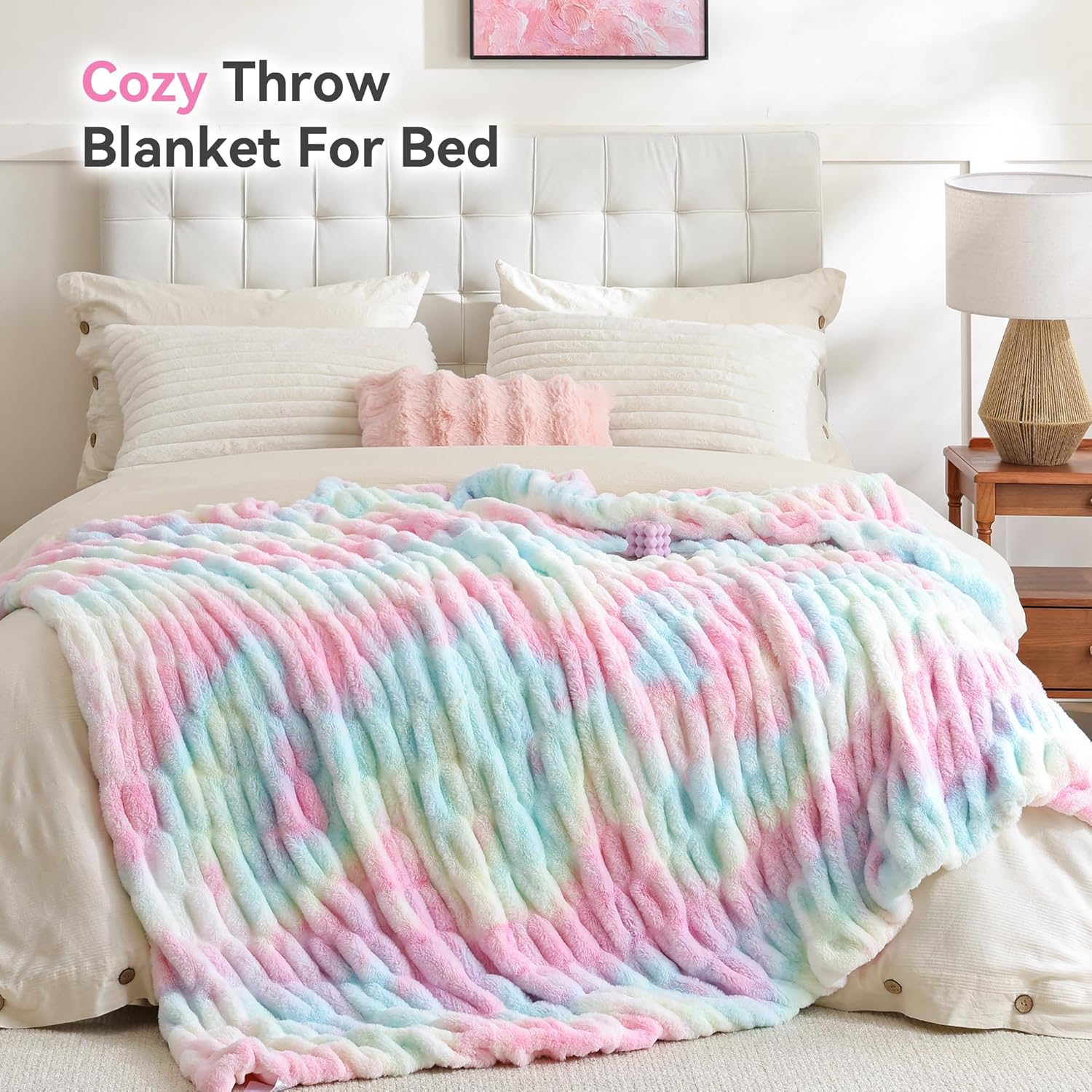 Smoofy Rainbow Throw Blanket for Couch – Ultra Soft Cozy Plush Fluffy Blanket with Faux Rabbit Fur, Fuzzy Lightweight Fleece for Sofa, Bed & Office, Gift for Women, Home Room Decor Throw 60"x 80" - Image 5