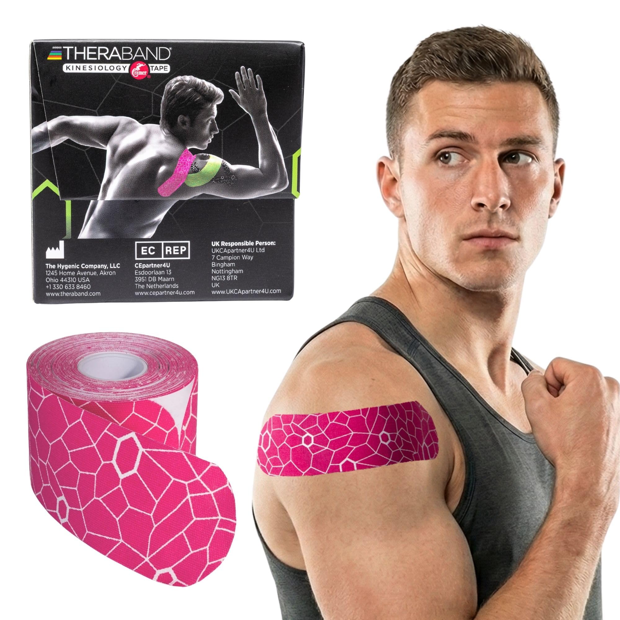 TheraBand Kinesiology Tape, Waterproof Physio Tape for Pain Relief, Muscle & Joint Support, Standard Roll with XactStretch Application Indicators, 2" X 10" Strips, 20 Precut Strips, Pink/White