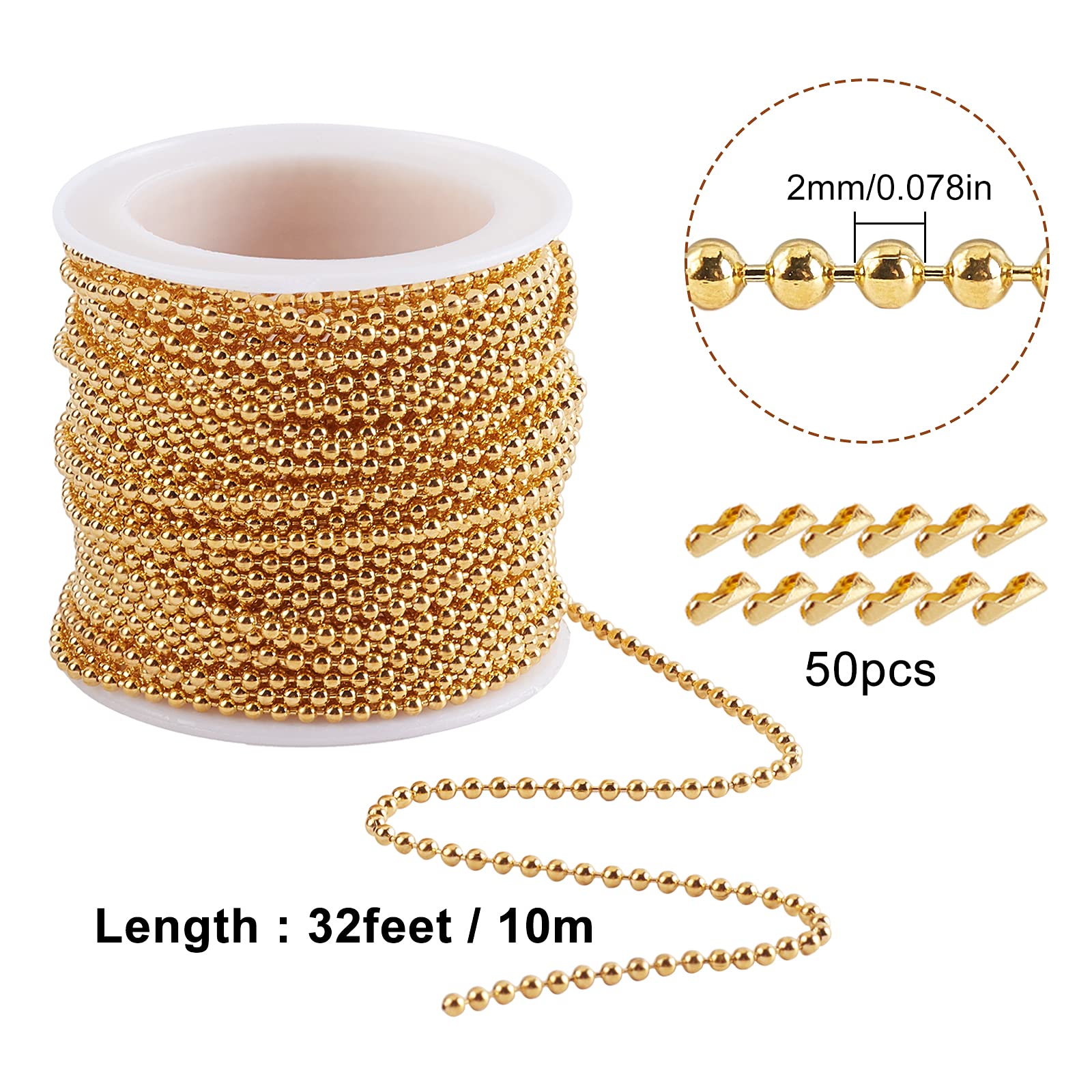 SUNNYCLUE 32Feet Brass Ball Chains Link Spool Bulk Small Necklace Jewelry Making Chains with Ball Chain Connectors for Necklaces Bracelets Pendant Jewelry Making