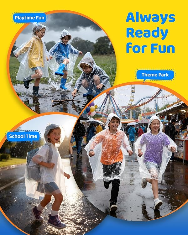 Rain Ponchos Family Pack – Disposable Poncho for Kids with Drawstring Hood, Waterproof, Lightweight & Breathable, Clear & Assorted Colors – Emergency Raincoat for Travel, Theme Parks, Concerts by Hitituto - Image 5