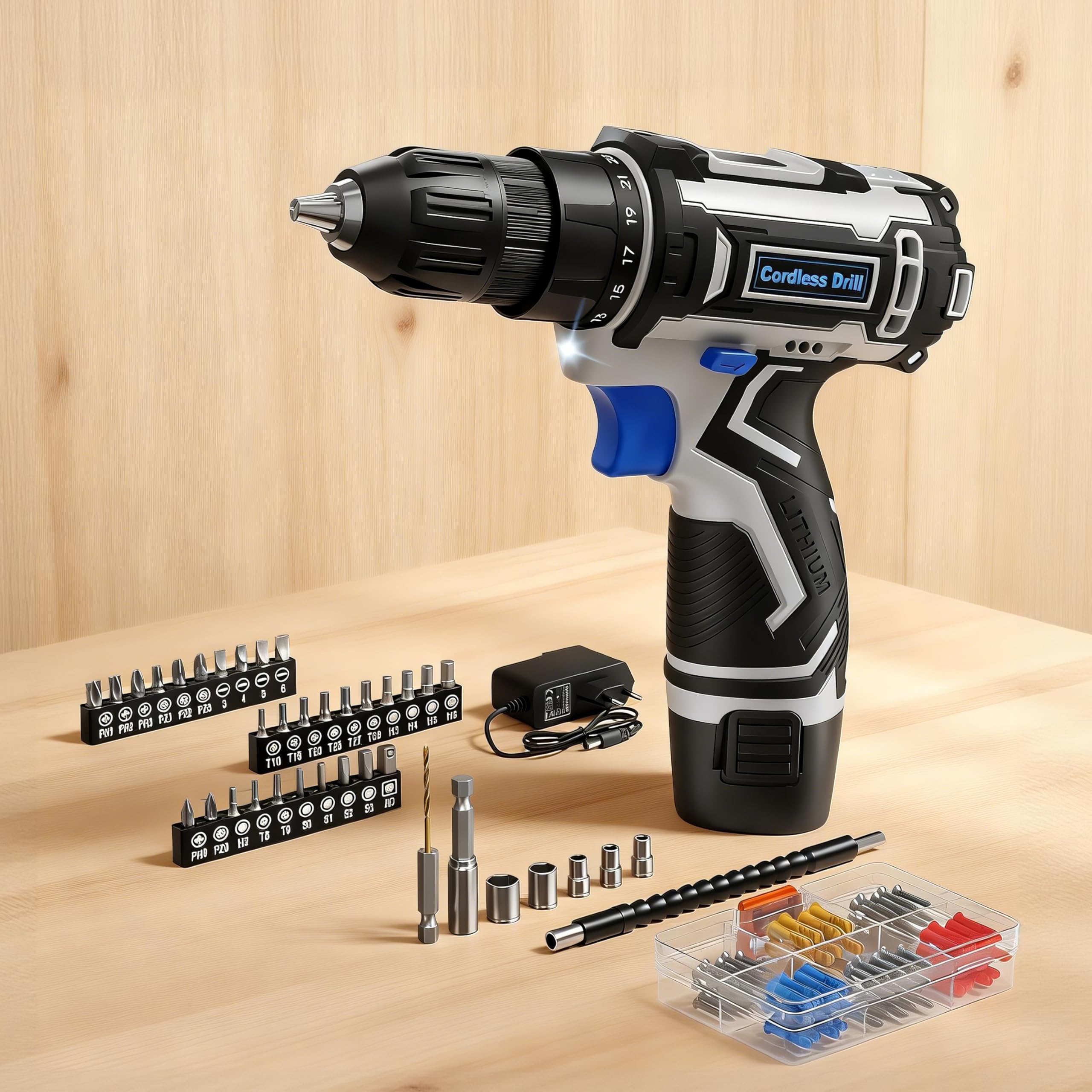 12V Electric Screwdriver, Drill Driver Battery Max 25NM, 98 Accessories, 25+1 Torque Adjustment Electric Screwdriver, LED Light, Batteries 2000mAh, Drill Chuck 10mm, for Repair and DIY